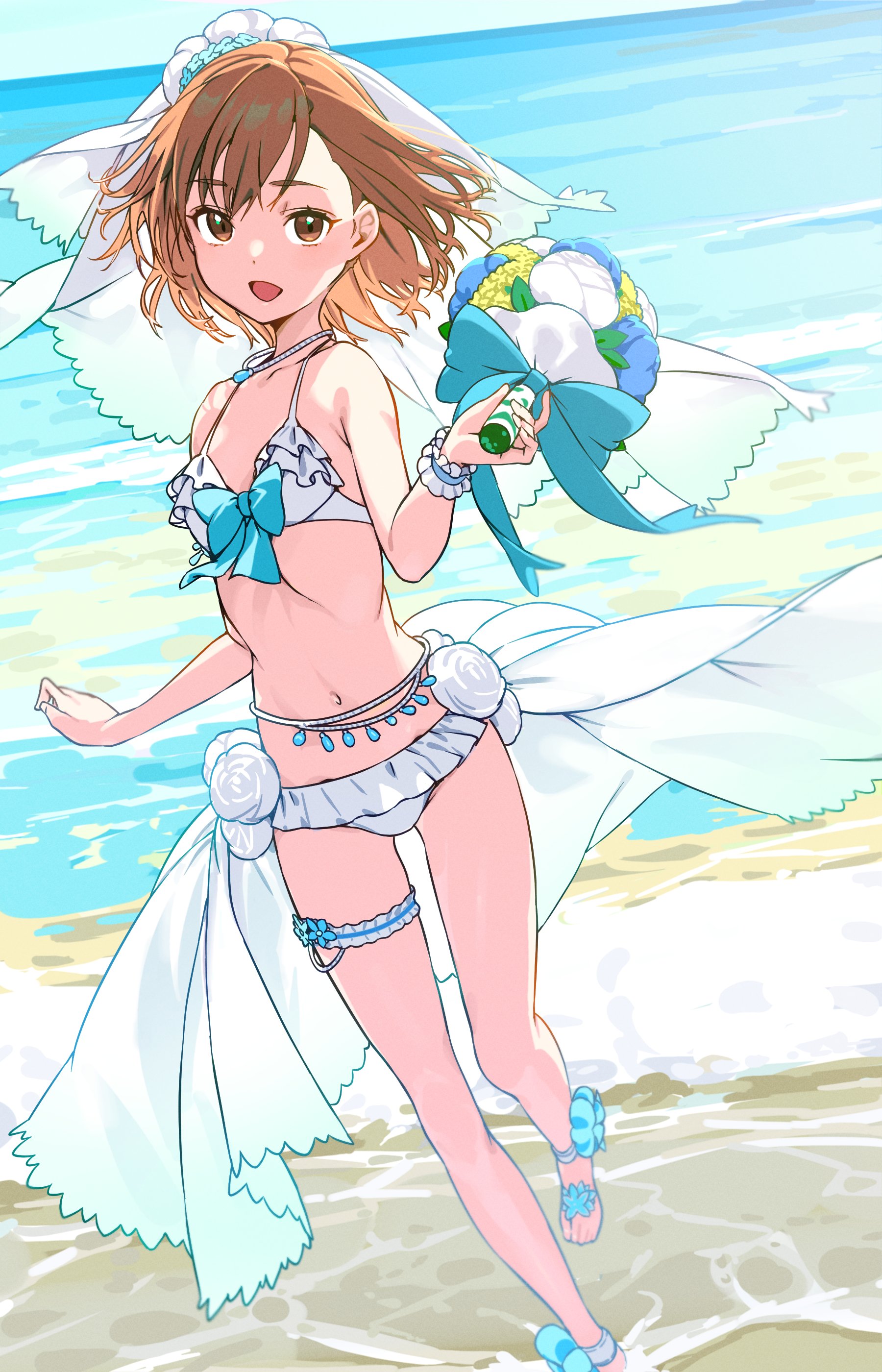 :d, 1girls, 2020s, 2025, bare shoulders, beach, belly chain, bikini, bouquet, breasts, bridal bikini, bridal veil, bride, brown eyes, brown hair, collarbone, day, female, flower, haimura kiyotaka, holding, holding bouquet, horizon, jewelry, medium hair, misaka mikoto, navel, nontraditional wedding dress, ocean, official alternate costume, official art, open mouth, outdoors, small breasts, smile, solo, standing, stomach, swimsuit, teenage female, teenager, to aru kagaku no railgun, to aru majutsu no index, veil, water, wedding, wedding veil, white bikini, young, young female