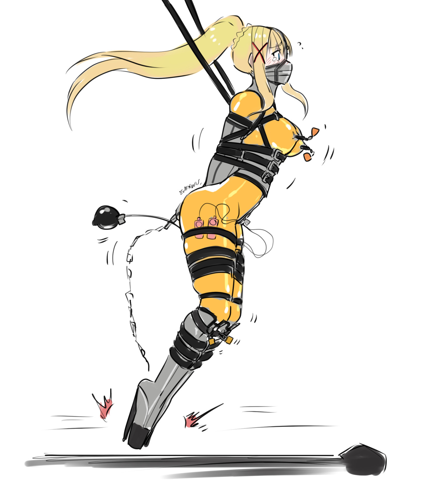 armbinder, ballet boots, ballet heels, bdsm harness, bondage, bound, buttplug in ass, corset, darkness (konosuba), eudetenis, female, femsub, fully clothed, gag, gagged, harness muzzle gag, high heels, hopping, inflatable buttplug, kono subarashii sekai ni shukufuku wo!, latex, latex bodysuit, latex clothing, leather straps, legbinder, mouth corset, muzzle gag, muzzled, neck corset, nipple bulge, nipple clamps, posture collar, pussy, shiny clothes, tight clothing, treadmill, very high heels, vibrator in pussy