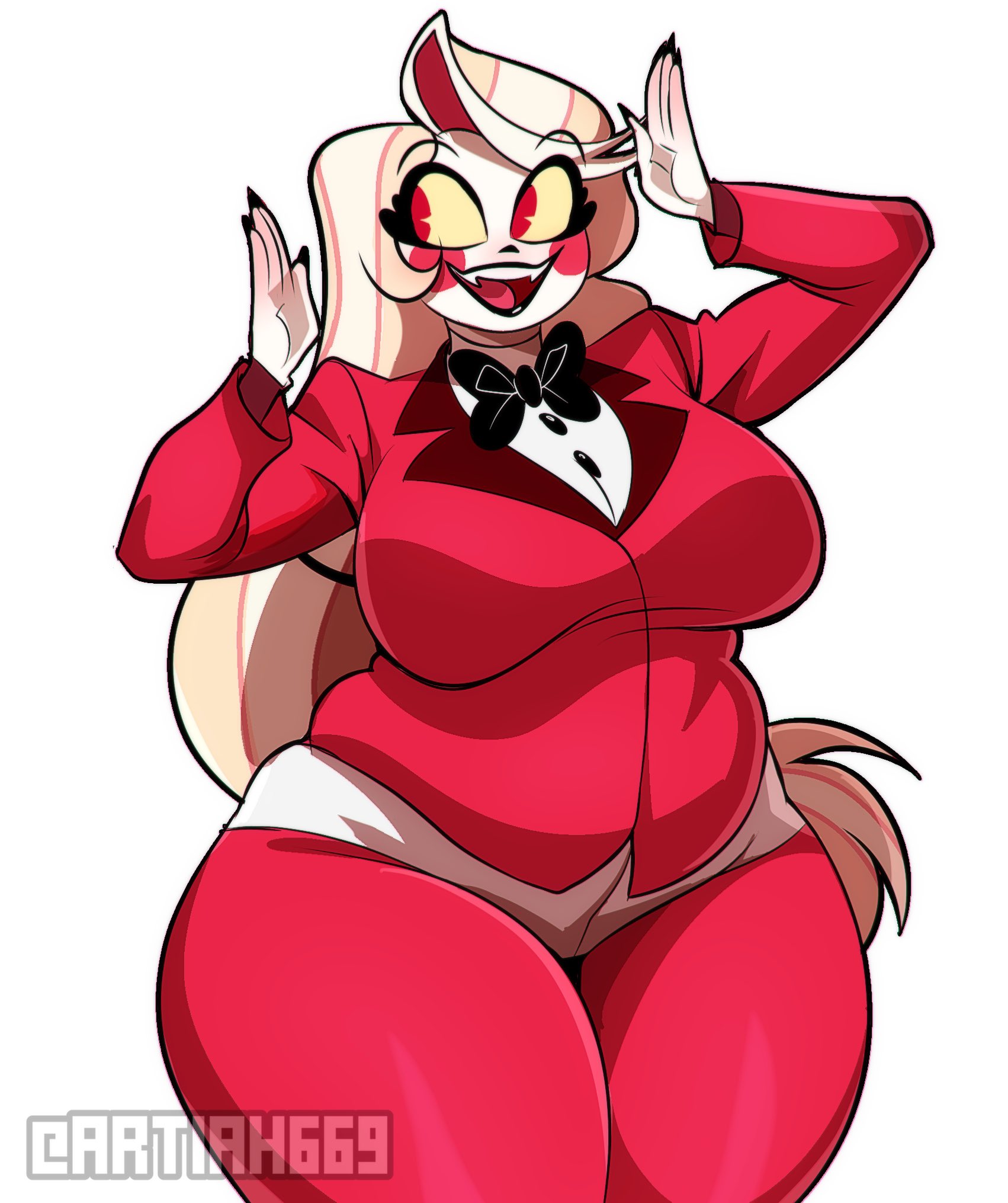 1girls, artiah669, artist name, big breasts, black bowtie, black lipstick, blonde hair, blush stickers, bowtie, breasts, charlie morningstar (hazbin hotel), chubby, chubby female, curvy, fat, fat female, female, fleshpie669, happy, hazbin hotel, large breasts, long hair, open mouth, pants, plump, red eyes, red pants, red pupils, red suit, safe, sfw, smile, solo, suit, thick thighs, wide hips, yellow eyes, yellow sclera
