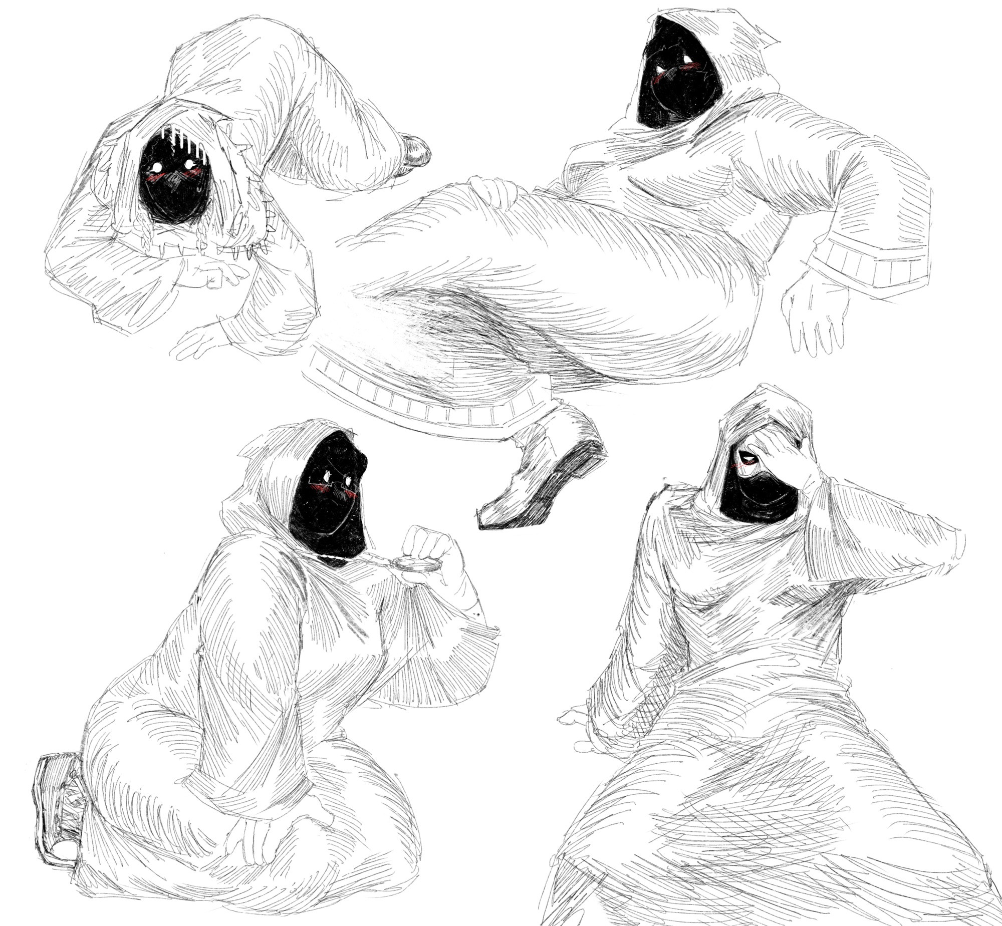 1girls, 2025, 3boys, aster (look outside), aurelius (look outside), beryl (look outside), black and white, blush, cloak, evilby, face covered, female, gloves, glowing eyes, jasper (look outside), jewelry, look outside, male, mask, masked male, robe, shadowed face, sketch, sketch page, sneakers, white background