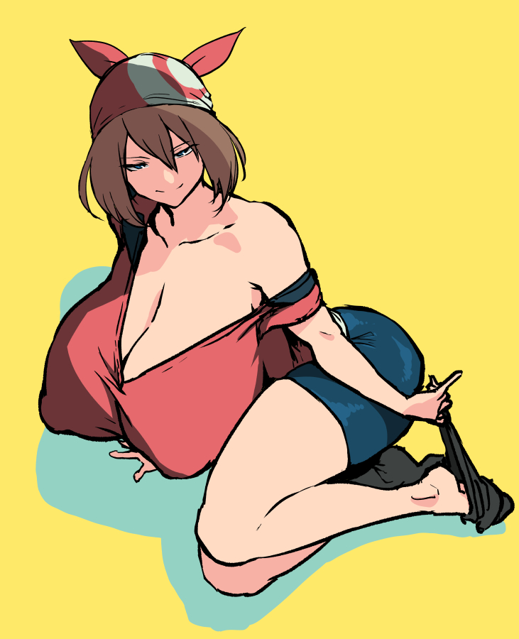 ahemaru, alternate breast size, bare shoulders, bedroom eyes, big breasts, boobs, breasts, breasts bigger than head, brown hair, cleavage, female, huge breasts, light skin, light-skinned female, looking at viewer, may (pokemon), pale skin, pale-skinned female, pokemon, removing clothing, short hair, shorts, solo, solo female, thick thighs, yellow background