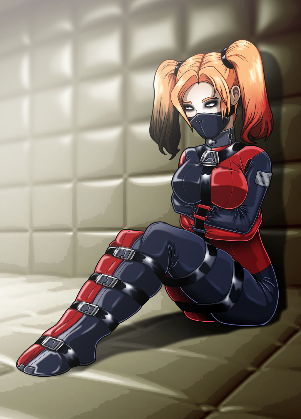 bondage bound collared dc dc_comics harley_quinn muzzle_(object) muzzle_gag muzzled padded_cell padded_room re-maker straitjacket twintails