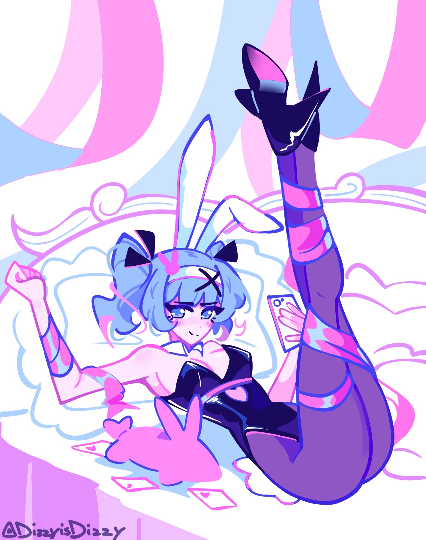 1girl, animal ears, ass, bangs, big ass, big breasts, black footwear, black leotard, blue eyes, blue hair, blush, breasts, bunny ears, bunny girl, bunny tail, bunnysuit, cellphone, cleavage, detached collar, dizzyisdizzy, fake animal ears, feet up, female, hair ornament, hatsune miku, heart, high heels, holding, legs up, leotard, looking at viewer, lying, lying down, medium breasts, on back, pantyhose, phone, pillow, pink eyes, pink hair, playboy bunny, purple hair, rabbit ears, rabbit hair ornament, rabbit hole (vocaloid), rabbit tail, ribbon, smartphone, smile, solo, strapless, strapless leotard, stuffed bunny, stuffed toy, tail, thighs, twintails, vocaloid, x hair ornament