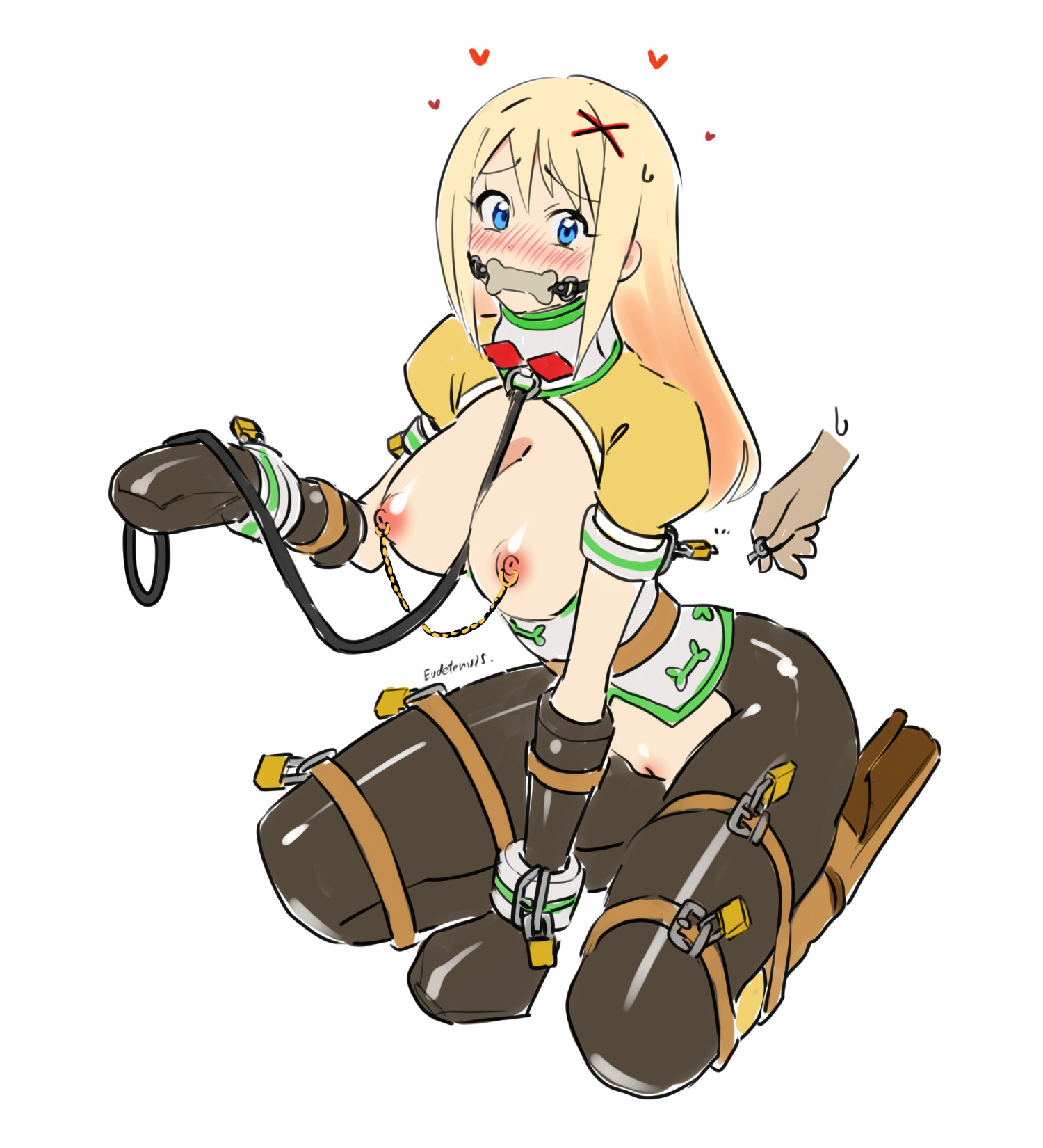aqua (konosuba), ballet boots, bdsm gear, bdsm outfit, big breasts, bit gag, bondage, bondage mittens, bound, bound hands, breasts, broken key, chained nipples, collar, consensual bondage, cuffs, darkness (konosuba), eudetenis, exposed breasts, exposed pussy, female, female only, femsub, gag, gagged, happy female, happy sub, high heels, kono subarashii sekai ni shukufuku wo!, latex, latex clothing, leash, legbinder, lock, mittens, nipple piercing, nipples, padlock, petplay, piercing, posture collar, puppyplay, pussy, shiny clothes, tight clothing
