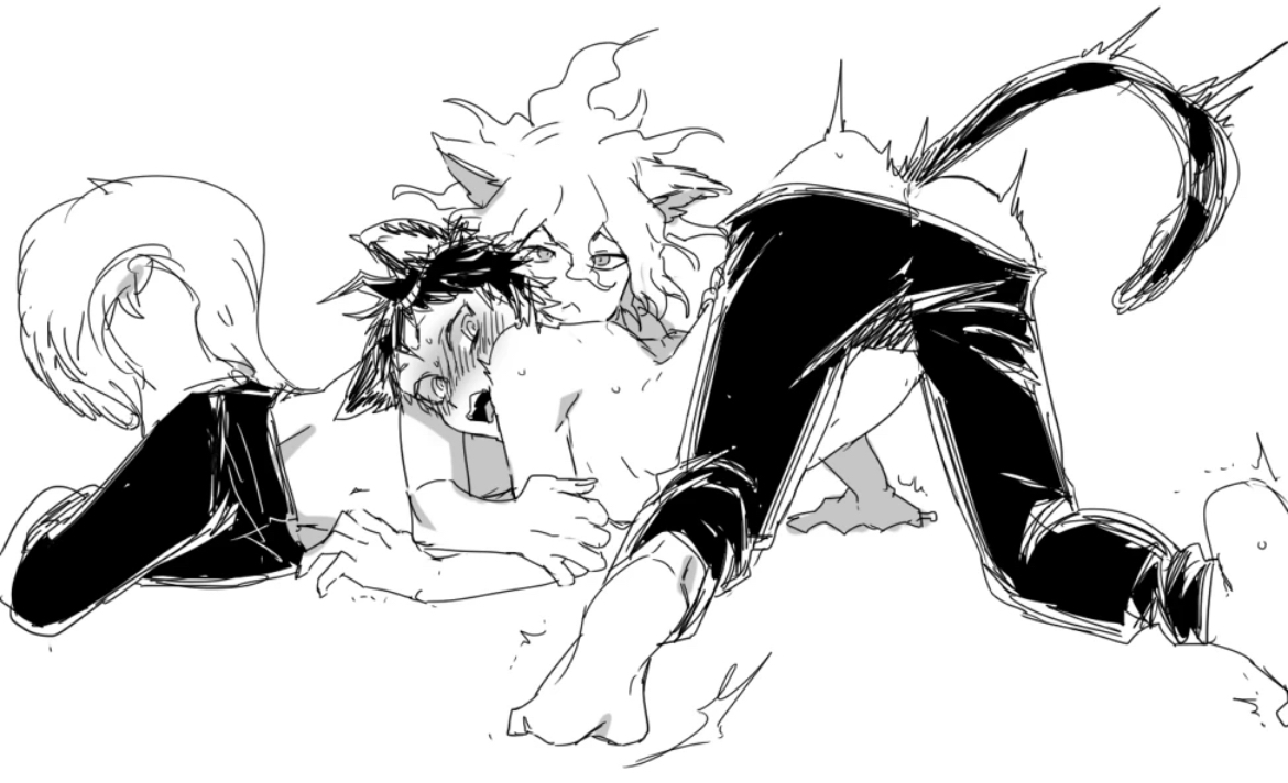 ass, ass focus, ass up, blush, cat boy, cat ears, cat tail, catboy, danganronpa, danganronpa 2: goodbye despair, gay, hinata hajime, looking back, male, male focus, male only, male/male, nagito komaeda, partially clothed, shirtless, shirtless male, tail, uurin, yaoi