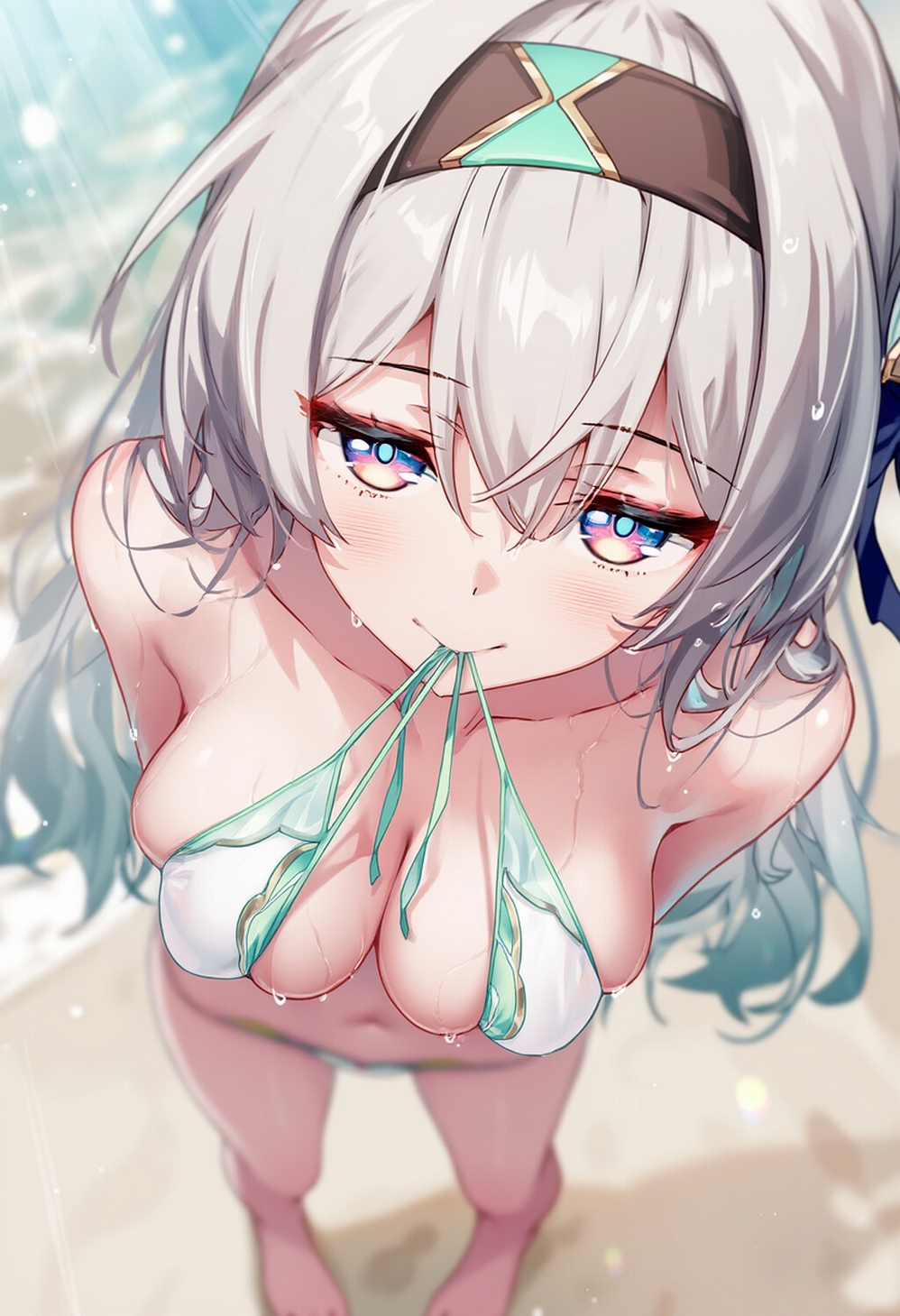 ai generated, beach background, bikini top, breasts, female, female only, firefly (honkai: star rail), honkai: star rail, raaicave, shoulders, white hair