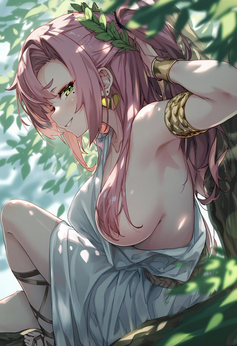 ai generated, armpit, breasts, female, female only, greek clothes, hair covering breasts, leaf background, leaves, nicole demara, one arm up, pink hair, raaicave, zenless zone zero
