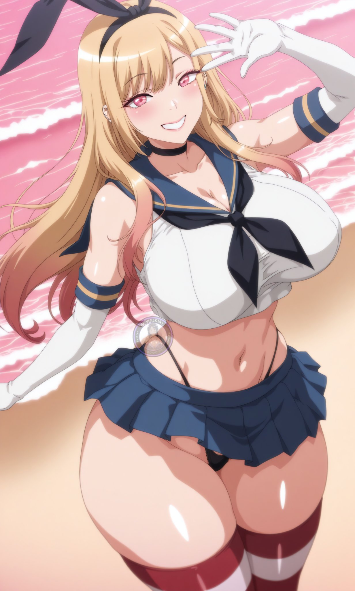 1girls, ai generated, breasts, cosplay, female, female focus, female only, kitagawa marin, large breasts, light skin, light-skinned female, looking at viewer, skirt, solo, sono bisque doll wa koi wo suru, thick thighs, thighhighs, thighs, thong above skirt, wide hips, yuukiai