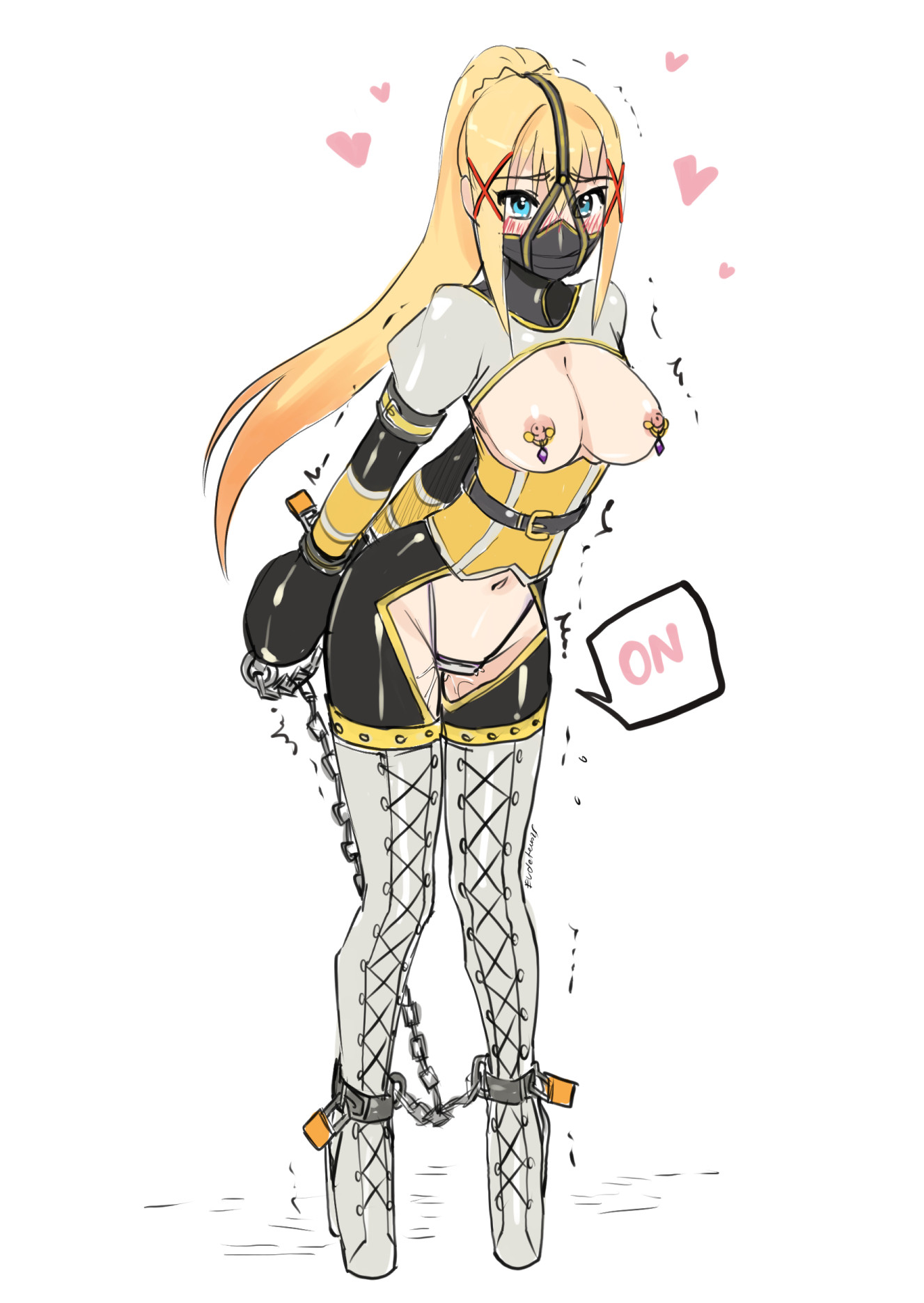 arms tied behind back, ballet boots, ballet heels, bdsm outfit, bondage, bondage mittens, bound, breasts, chained, chains, darkness (konosuba), eudetenis, exposed breasts, female, female only, femsub, gag, gagged, happy female, happy sub, harness muzzle gag, high heels, kono subarashii sekai ni shukufuku wo!, latex, latex clothing, latex outfit, latex suit, lock, mouth corset, muzzle gag, muzzled, neck corset, nipple piercing, nipples, padlock, piercing, ponytail, posture collar, pussy, shiny clothes, tight clothing, very high heels, vibrator in pussy