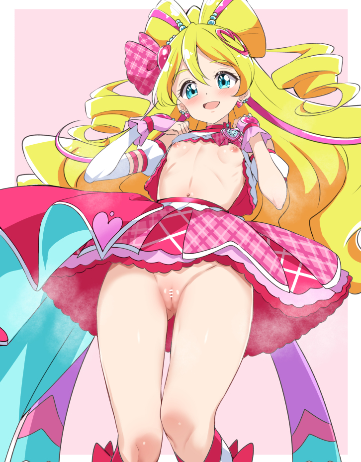 :d blonde_hair blue_eyes blush border breasts breasts_out cleft_of_venus clothes_lift cure_idol double_bun drill_hair female fingerless_gloves from_below gloves groin hair_bun hair_ornament heart heart_hair_ornament kimi_to_idol_precure lifting_own_clothes long_hair looking_at_viewer magical_girl mak066 navel nipples open_mouth outside_border pink_background pink_gloves pink_skirt precure presenting_breasts puffy_sleeves pussy ribs sakura_uta_(precure) shirt_lift simple_background skirt skirt_lift small_breasts smile solo twin_drills very_long_hair wavy_hair white_border