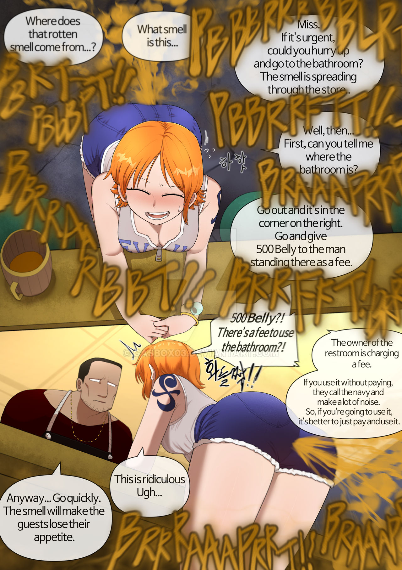 1boy, 1girls, ass, bent over, big breasts, breasts, cleavage, denim shorts, english text, fart, fart cloud, fart fetish, farting, female, gasbox, jean shorts, male, nami (one piece), one piece, orange hair, pre-timeskip, sweatdrop, thick ass