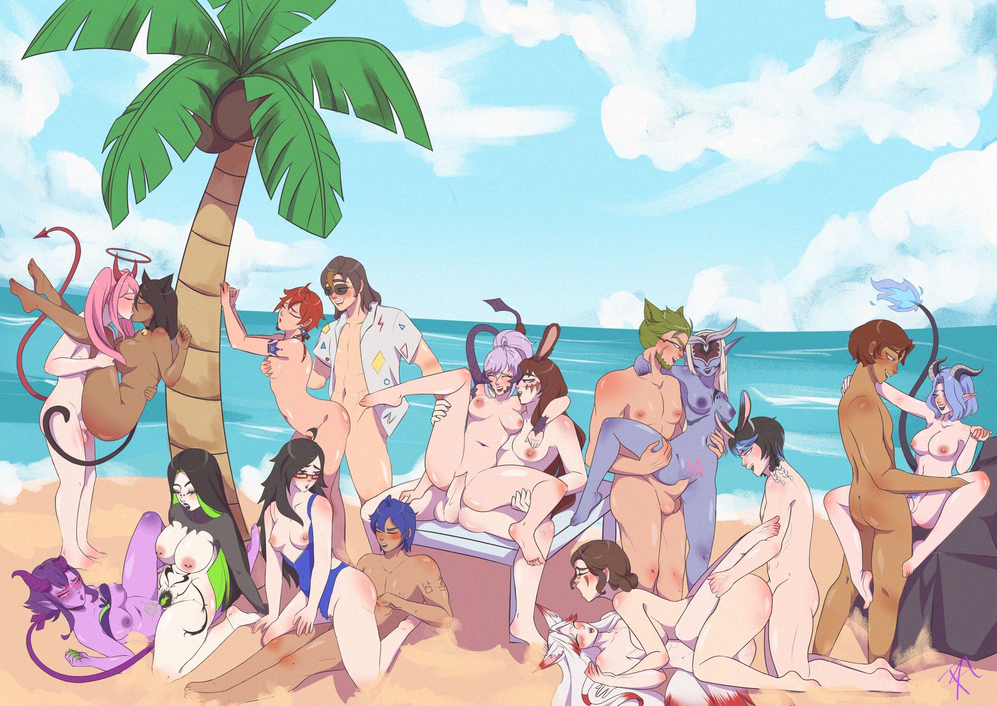 11girls, 6boys, au ra, beach, big breasts, bikini, black hair, blue hair, breasts, carrying, carrying partner, casual, completely naked, completely nude, digital art, exhibitionism, female, final fantasy, final fantasy xiv, fucking, futa on female, futa penetrating, futanari, group, group sex, horns, human, intersex, kissing, kissing while penetrated, lesbian sex, male, naked, naked female, nude, nude female, nude male, orgy, orgy sex, pale skin, palm tree, purple hair, ragoldcat, reverse cowgirl position, sand, scissoring, sex, shiny skin, small breasts, small tits, spread legs, sunglasses, tanned skin, yuri