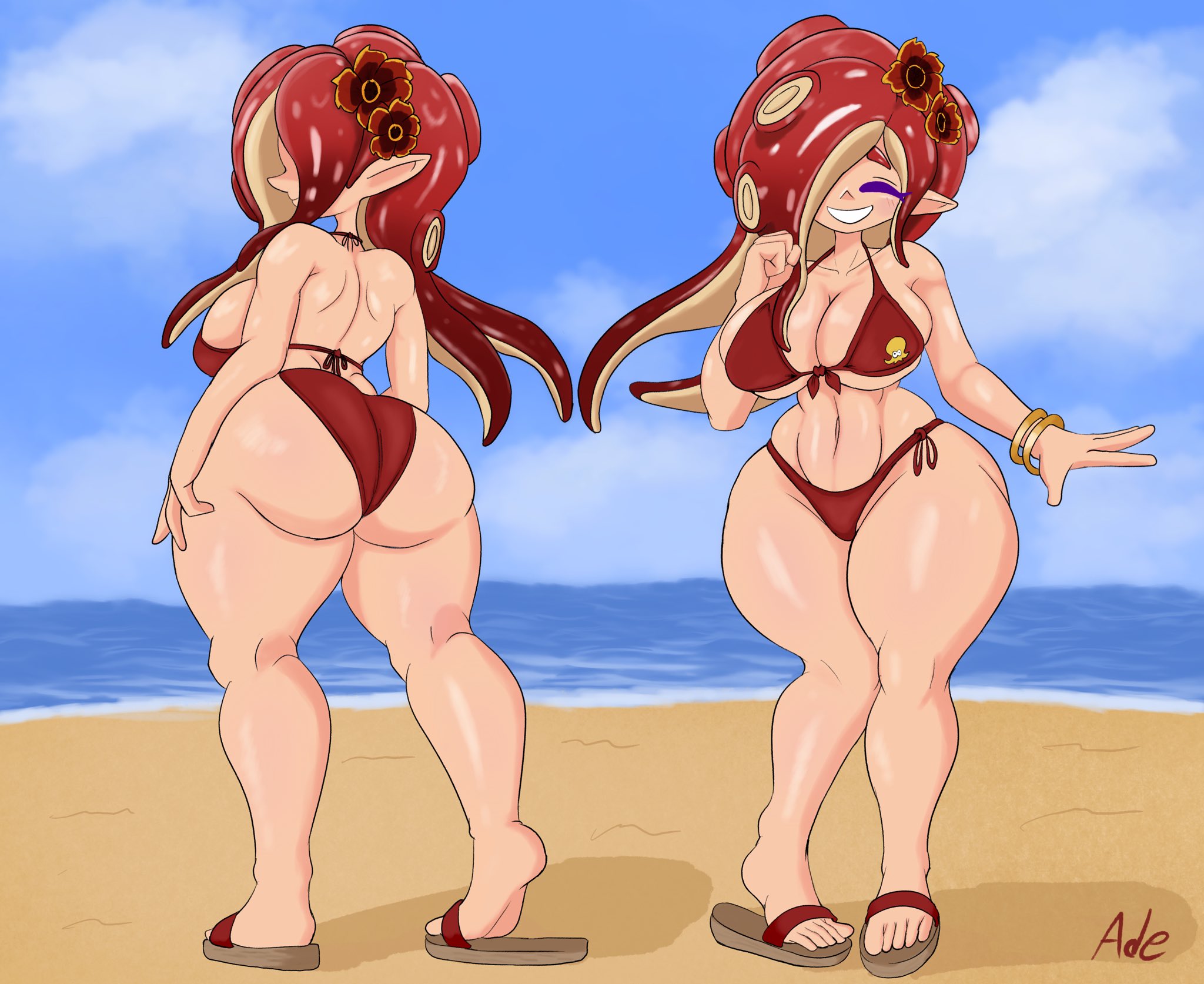 1girls, 2d (artwork), ade (ghostlyshroom), ass, ass focus, beach, big ass, big breasts, bikini, bikini bottom, bikini top, boobs, bracelet, bracelets, breasts, closed eyes, digital drawing (artwork), digital media (artwork), eyes closed, feet, female, female focus, female only, flip flops, ghostlyshroom, happy, happy female, hips, octoling, octoling girl, octoling rival, purple eyelashes, red bikini, red hair, sand, sandals, smile, smiling, smiling at viewer, soles, splatoon, splatoon 3, teeth, tentacle hair, thick, thick ass, thick thighs, toes, water, wide hips, wide thighs