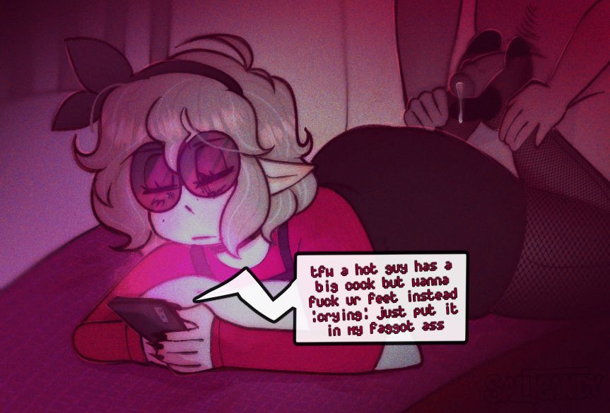 2025, 2boys, ahoge, cellphone, clothed male nude male, crossdressing, dress, emotionless, emotionless male, english text, femboy, fishnets, footjob, footjob with legwear, gay, girly, glasses, headband, homophobic slur, light brown hair, male, original, penis, precum, precum drip, prince (saltcandy), round glasses, saltcandy, slur, yaoi