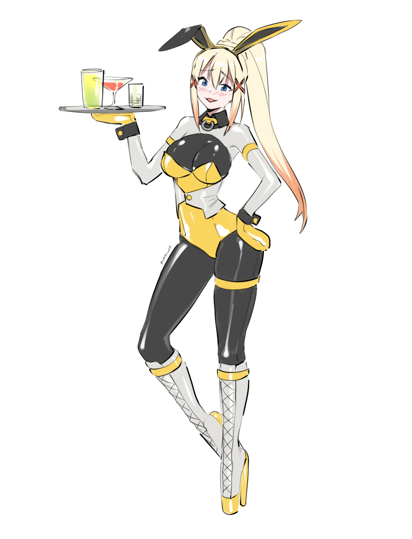 ballet boots, ballet heels, bdsm collar, bondage, bondage mittens, bound, bound hands, bunny ears, bunny girl, bunnysuit, darkness (konosuba), eudetenis, female, female only, femsub, fully clothed, high heels, kono subarashii sekai ni shukufuku wo!, latex, latex bodysuit, latex clothing, latex suit, serving tray, shiny clothes, tight clothing, very high heels, waitress