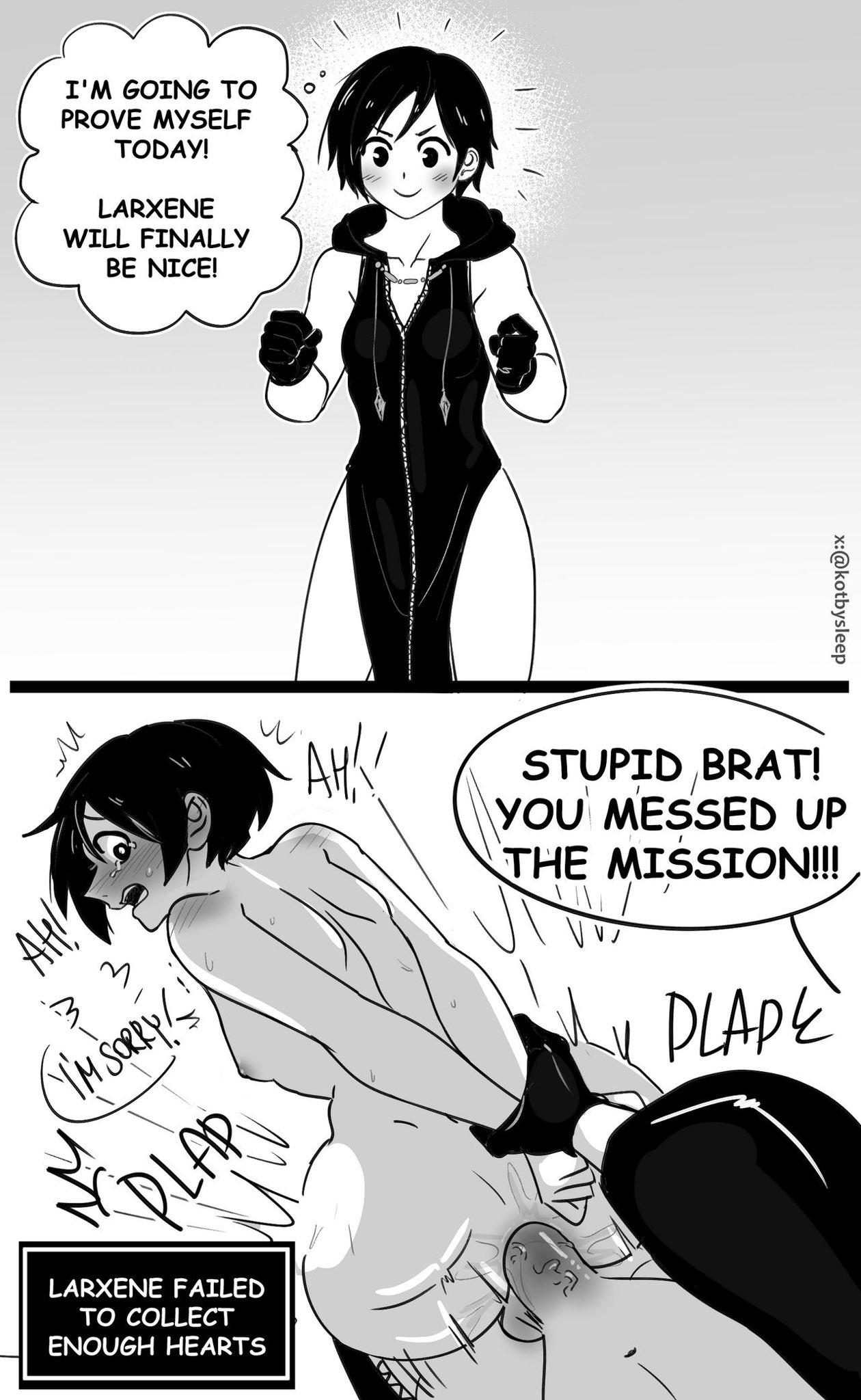 1futa, 1girls, anal, black hair, coat, english text, female, futanari, hoodie, intersex, kingdom hearts, larxene, nekokat42, nipples, pelvic curtain, short hair, text, xion