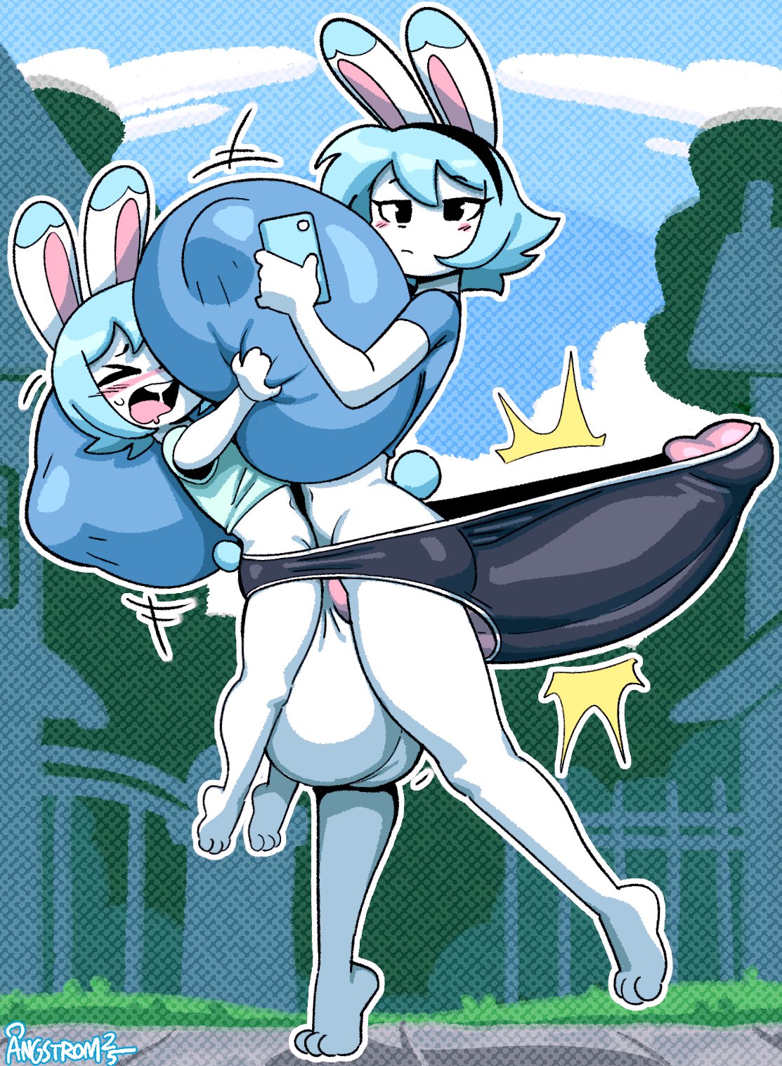 angstrom balls blue_hair blue_shirt blush breasts breasts_bigger_than_head brother_and_sister bulge bulge_through_clothing bunny bunny_ears bunny_tail closed_eyes clothed clothed_sex clothing clothing_lift drooling grabbing grabbing_breasts hyper_balls hyper_breasts hyper_penis incest lagomorph marco_(angstrom) molly_(angstrom) nipple_bulge older_female older_sister on_phone penis penis_between_thighs phone pouting reluctant sharing_clothes small_but_hung smothering sweat sweatdrop tail uninterested walking whining white_body white_fur younger_brother younger_male