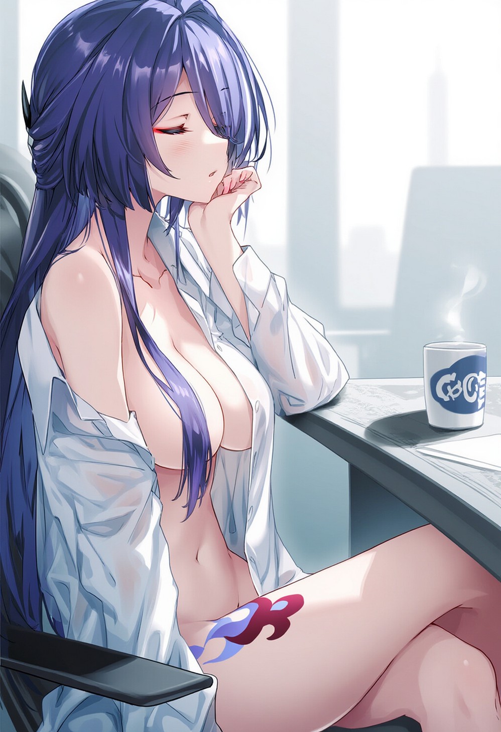 acheron (honkai: star rail), ai generated, breasts, closed eyes, coffee mug, daytime, female, female only, honkai: star rail, naked female, napping, purple hair, raaicave, shirt only