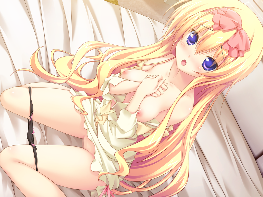 bed blonde_hair blush breasts censored game_cg koiimo_sweet_days kyoukain_yurika long_hair nipples purple_eyes pussy sakana