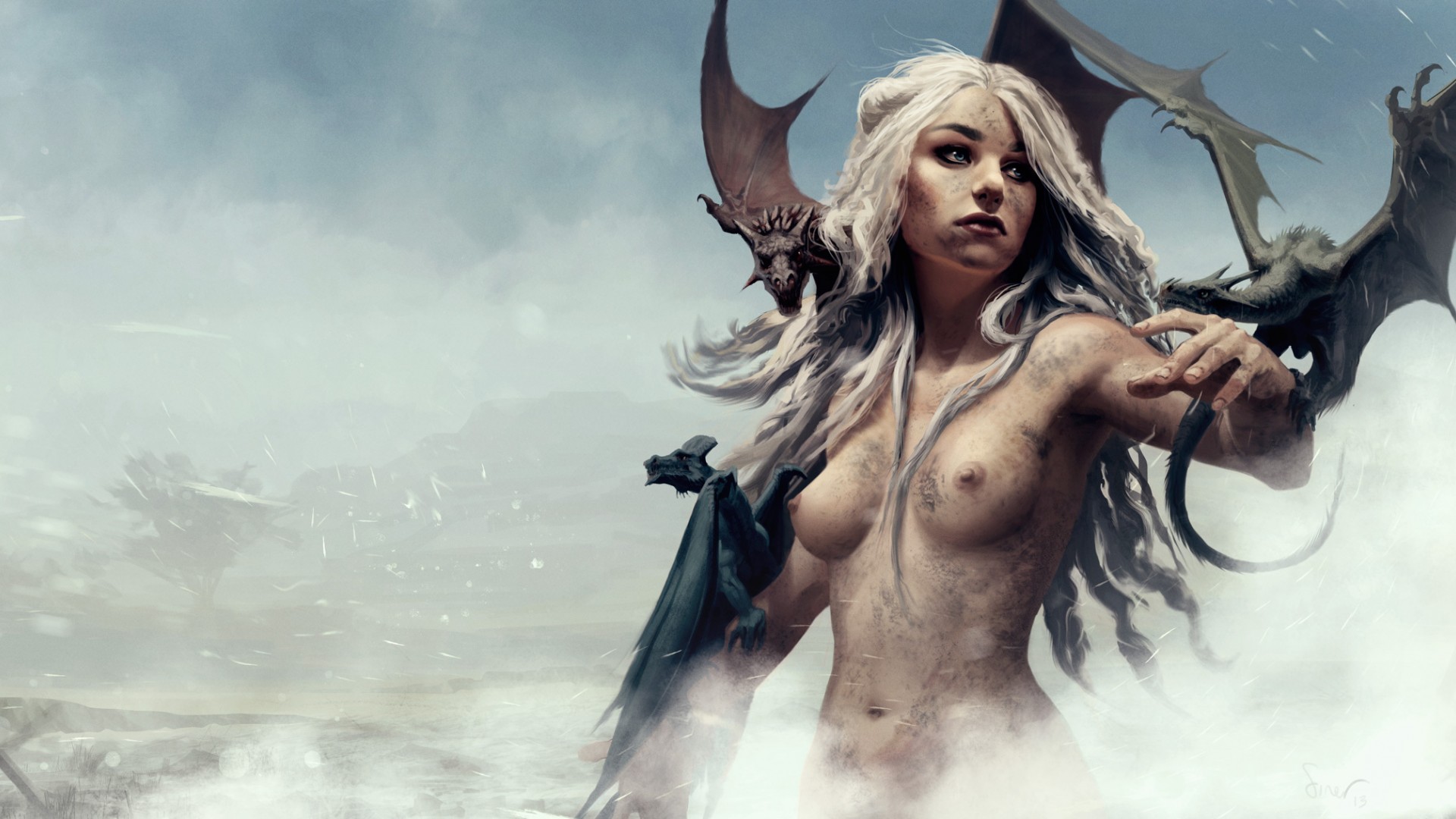 1girls, 2d, actor, artist request, blue eyes, breasts, celebrity, daenerys targaryen, dirty, dragon, emilia clarke, female, game of thrones, nipples, real person, white hair