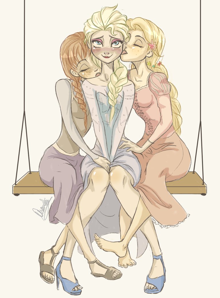 3girls, anna (frozen), braid, clothing, disney, disney princess, dress, elsa (frozen), female, female only, frozen (film), fully clothed, high heels, human, incest, licking, long dress, long hair, medium breasts, multiple females, open toe shoes, ponytail, rapunzel (tangled), sisters, small breasts, swing, tangled, teasing, twin braids, twintails, very long hair, yuri