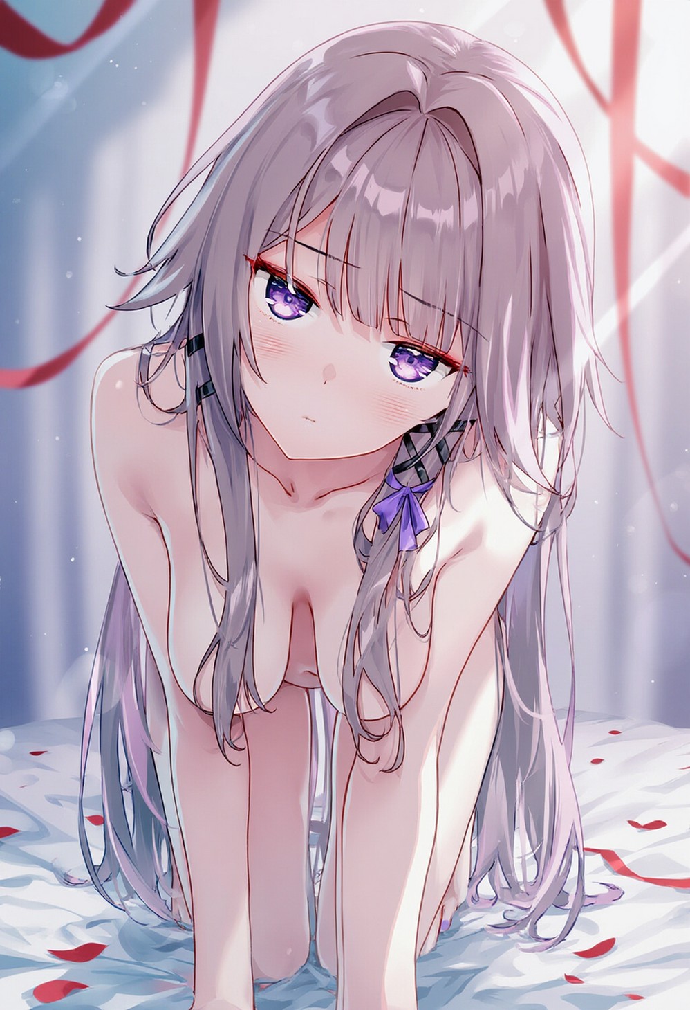 1girls, ai generated, breasts, crawling, doggy style, female, female only, honkai: star rail, naked female, purple eyes, raaicave, saggy breasts, staring, the herta (honkai: star rail)