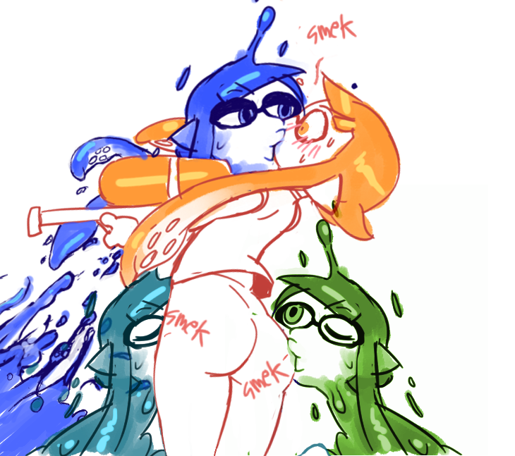 anthro ass blue_eyes blue_hair blue_ink blush bottomless closed_eyes clothing english_text female female/female female_only ffff_foursome foursome green_eyes green_hair group humanoid ink inkling inkling_girl kaori_(splatoon) kissing kissing_ass long_hair multiple_females nintendo noill one_eye_closed onomatopoeia orange_eyes orange_hair pointy_ears simple_background smooth_skin splatoon splattershot standing surprise surprise_kiss surprised sweat tentacle tentacle_hair text weapon white_background white_skin yuri