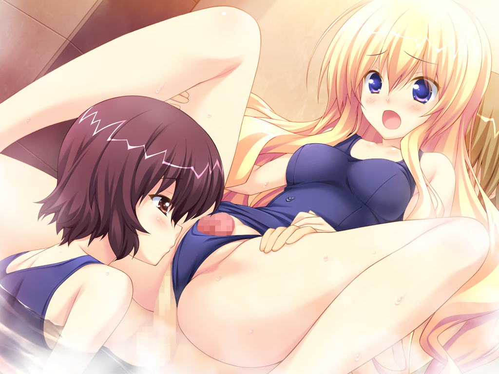 blonde_hair blush censored game_cg koiimo_sweet_days kyoukain_yurika penis pool sakana school_swimsuit sex swimsuit wet