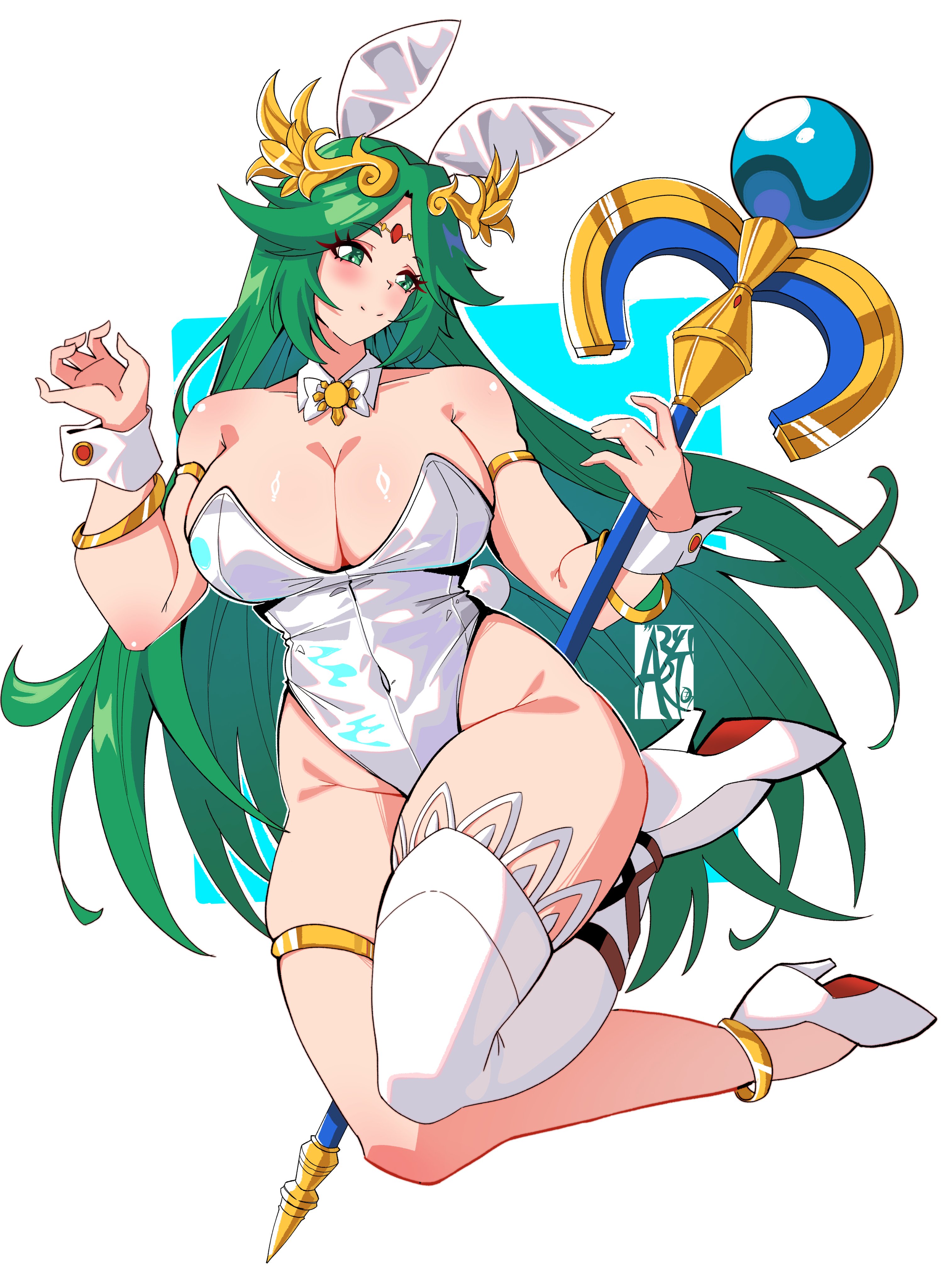 1girls, alternate costume, amyia art, breasts, bunnysuit, cleavage, clothed, clothing, female, female only, kid icarus, large breasts, looking at viewer, nintendo, palutena, solo