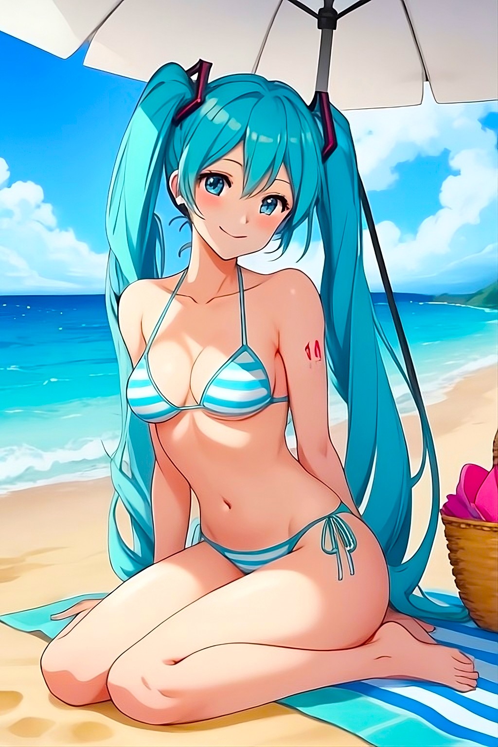 1girls ai_generated bare_legs bare_shoulders basket beach beach_umbrella bikini blue_bikini blue_eyes blue_hair blue_sky blush cleavage closed cloud collarbone day feet female full_body hair hatsune_miku horizon long_hair looking_at_viewer medium_breasts mouth navel number_tattoo ocean ornament outdoors sand sitting sky smile solo stomach swimsuit tattoo thighs toes towel twintails vocaloid water