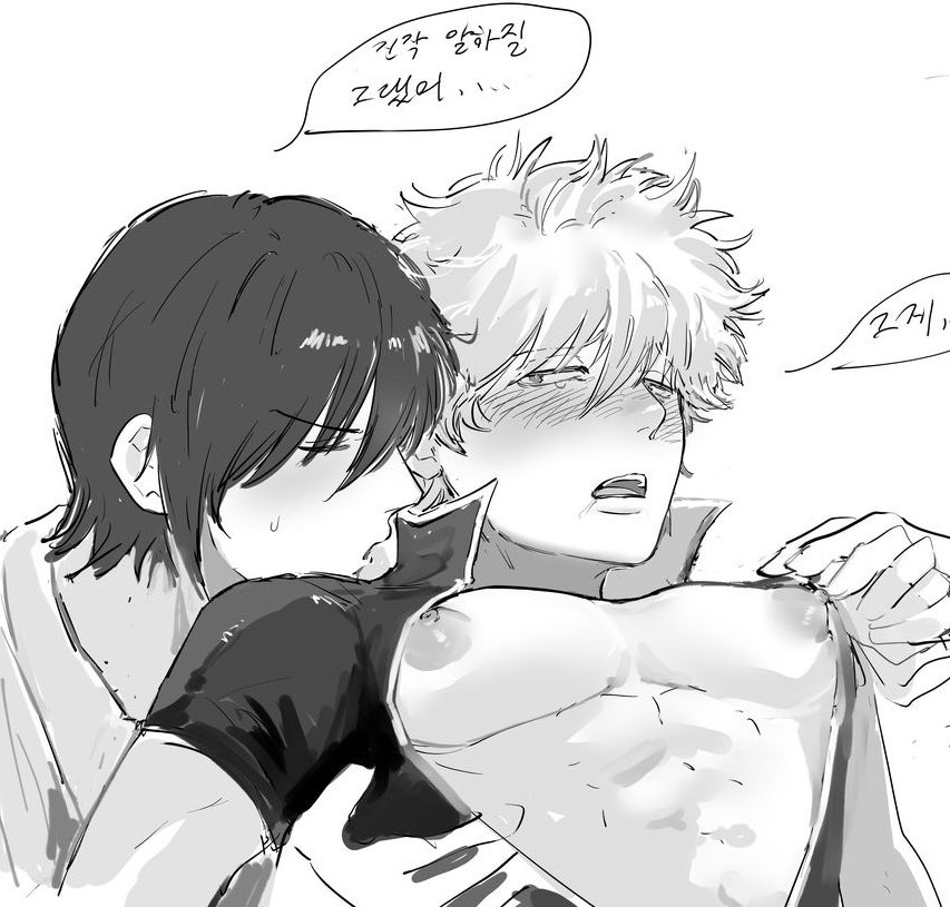 2boys big_pecs blush from_behind gay gintama gintoki_sakata looking_pleasured male male_only monochrome nipples oiiiioioioiio open_shirt pecs puffy_nipples takasugi_shinsuke upper_body yaoi