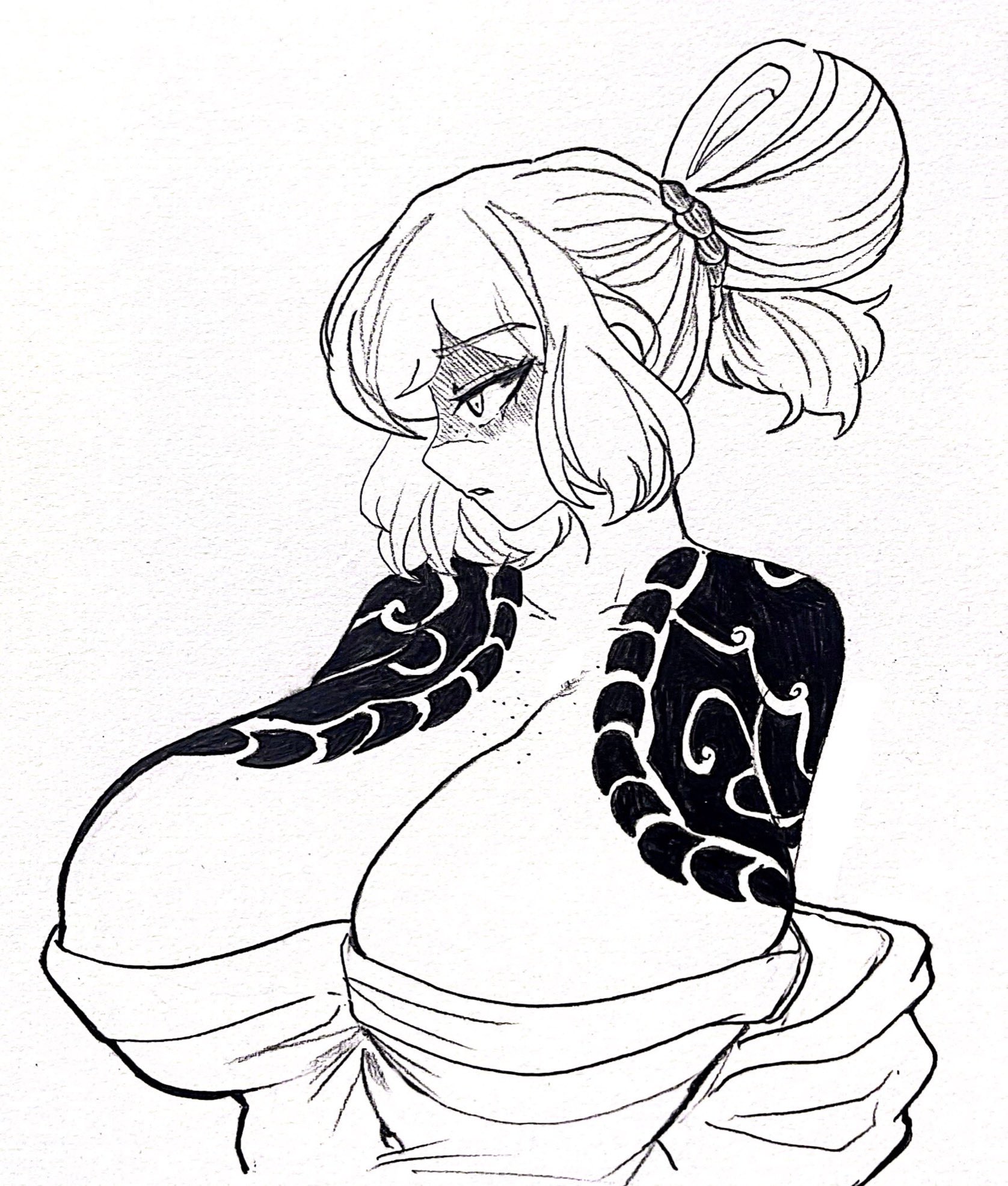 1girls, aplpakapa, barely contained breasts, body tattoo, breasts, busty, cleavage, female, female only, freckles, freckles on breasts, freckles on face, huge breasts, irezumi, ishmael (limbus company), japanese clothes, kimono, kurokumo clan (identity) (project moon), limbus company, monochrome, off shoulder, off shoulder kimono, project moon, shaded face, shoulder tattoo, solo, tied hair, yakuza tattoo