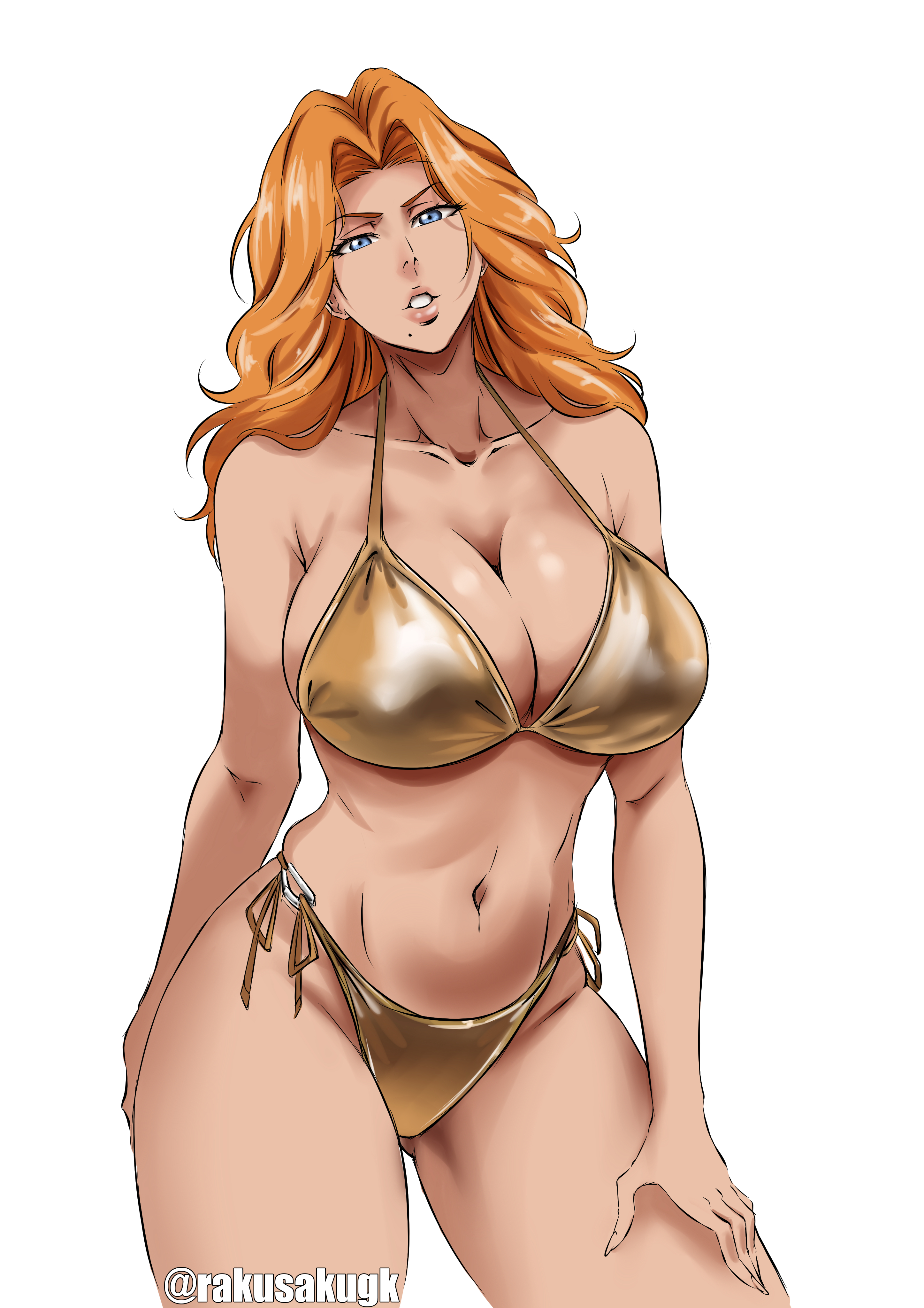 1girls, 2d, 2d (artwork), artist name, big breasts, bikini, bleach, blue eyes, breasts, busty, cleavage, curvy, fat breasts, female, female only, flat belly, gold bikini, golden bikini, golden week, huge breasts, large breasts, light skin, light-skinned female, long hair, looking at viewer, matsumoto rangiku, orange hair, rakusakugk, solo, thick thighs, white background