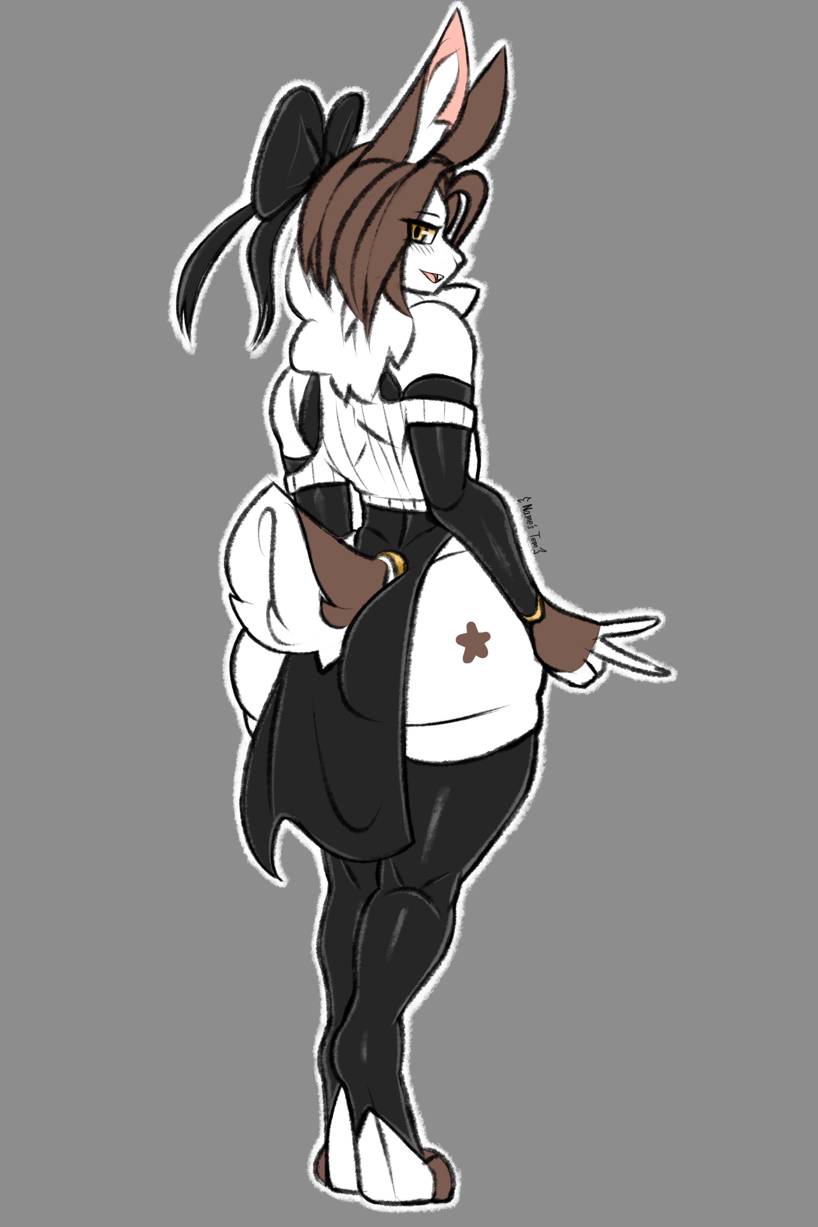 1boy, 2020s, 2025, 2d, 2d (artwork), 5 fingers, anthro, anthro only, ass, big ass, big butt, black clothing, blush, bowtie, bowtie on head, brown hair, bunny, bunny boy, bunny ears, chest tuft, clothing, curvy, curvy figure, eyebrows, eyelashes, femboy, femboy only, fluffy tail, furry, furry male, furry only, hair over eyes, hi res, highres, hips, latex, latex clothing, latex leggings, loincloth, long ears, looking at viewer, lynnminx, male, male focus, male only, mammal, navel, original, original character, peace sign, round ass, simple background, slim waist, solo, solo male, star tattoo, tail, tem (lynnminx), two-tone fur, white fur, wide hips, yellow eyes