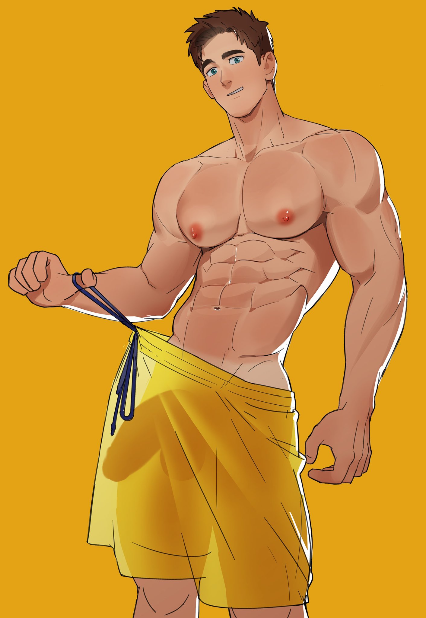 1boy, bara, gay, male, male focus, male only, naoki (xhju8282), original, original character, simple background, solo, yaoi, yellow background