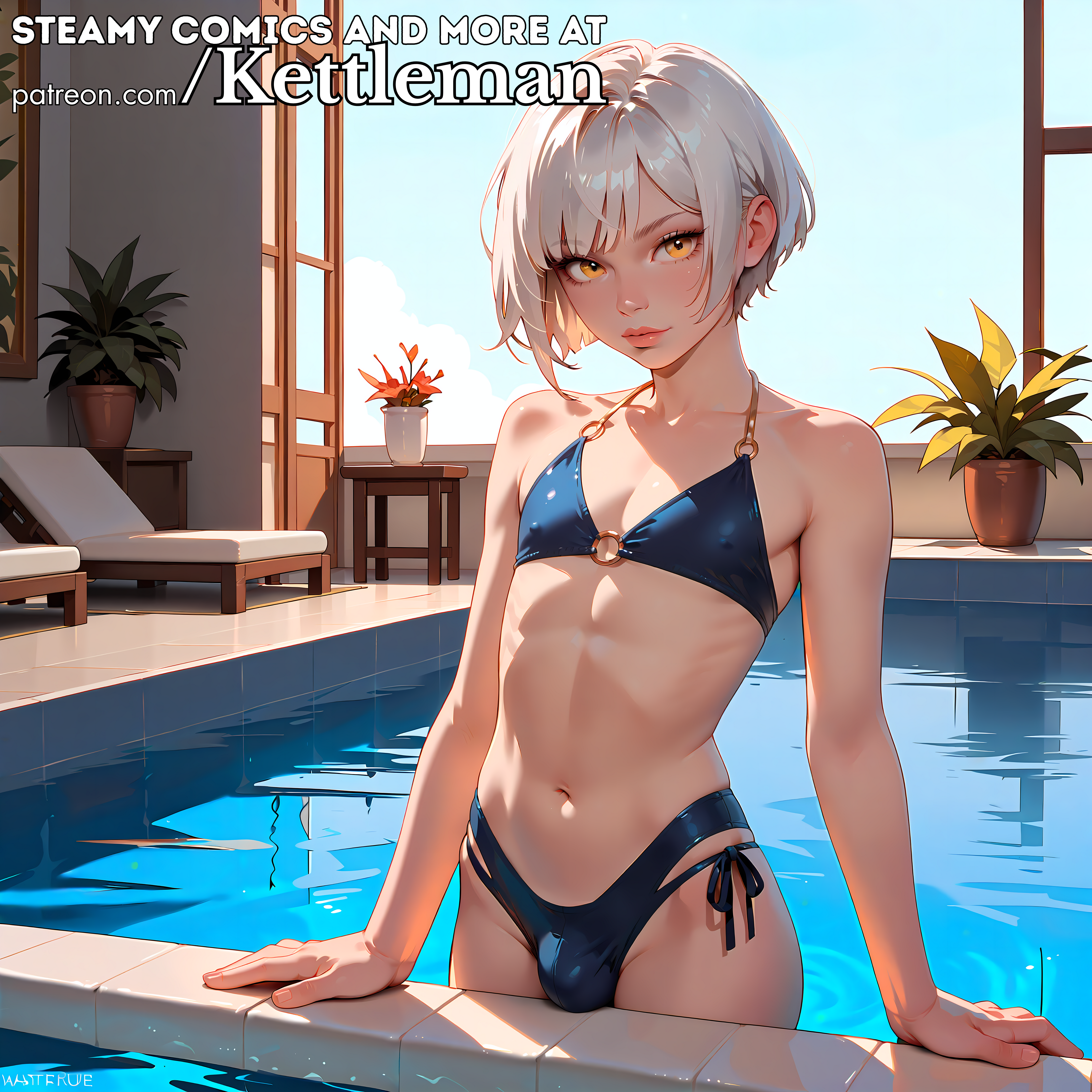 ai generated, amber eyes, bikini, bulge, cute, femboy, feminine, feminine male, kettleman, male, petite, seductive, sexy, slender, slender body, slim, slim waist, swimming, swimming pool, swimsuit, swimsuit bulge, swimwear, trap, twink, white hair, yellow eyes