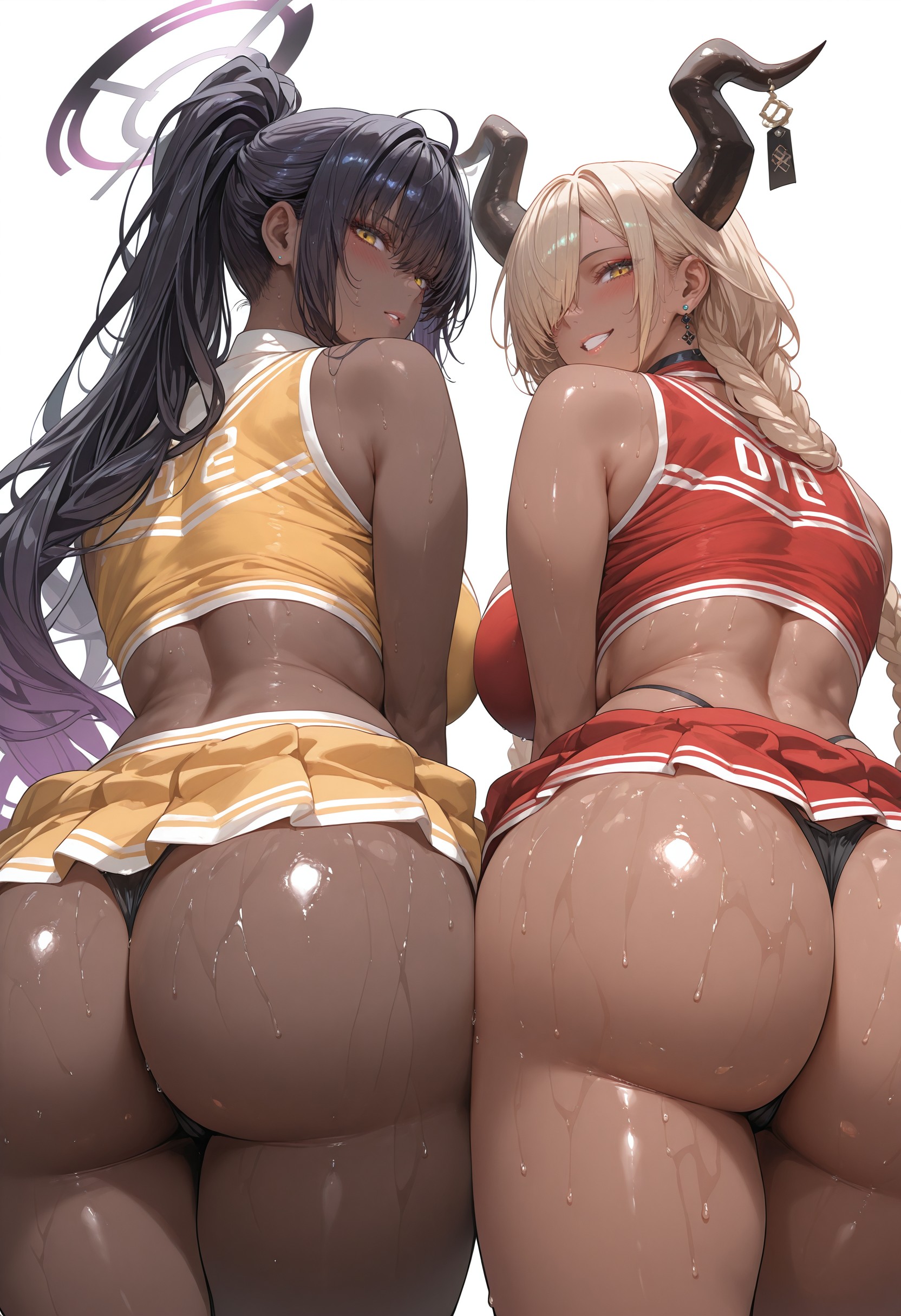 2girls, ai generated, ass, azur lane, black hair, blonde hair, blue archive, breasts, cheerleader, cheerleader uniform, crossover, dark skin, dark-skinned female, female, flyingpancake, gyaru, hi res, horns, huge ass, karin (blue archive), large breasts, long hair, owari (azur lane), tan, tan-skinned female, tanned skin, thick thighs