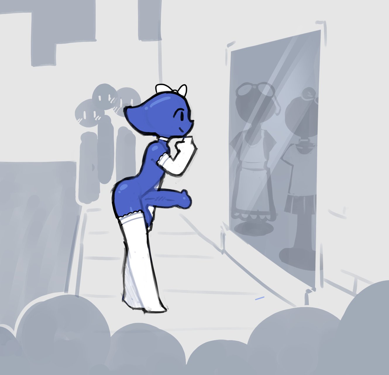 1boy, 2025, armwear, audience, balls, being watched, bow, casual, casual exposure, casual nudity, elemental, elemental creature, elemental humanoid, erection, femboy, frilled legwear, frilled socks, gloves, hand on chin, handwear and footwear only, hidro (nekuzx), hung femboy, hung trap, hypercasual, legwear, looking, male, male focus, male only, mostly nude, naked, naked male, nekuzx, non-human, non-human only, nude, nude male, nudity, oc, original character, partially clothed, penis, public, public exposure, public indecency, public nudity, skinny, socks, street, thigh socks, thighhighs, toony, water elemental, white socks, window