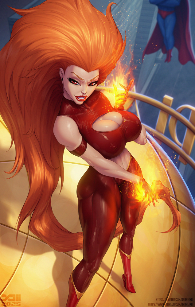 2d 2d_(artwork) 2d_artwork artist_name artist_signature barretxiii big_breasts boob_window city claire_selton clark_kent cleavage_cutout dc dc_comics dcau female fiery_hair fire latex long_hair male muscular muscular_female muscular_male pinup red_eyes red_hair spandex superhero superman:_the_animated_series supervillain supervillainess thick_thighs volcana_(dc) watermark