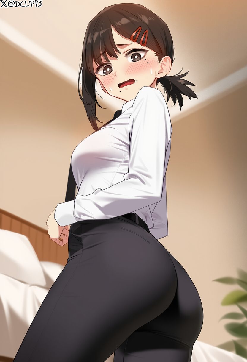 1girls, ai generated, ass, black pants, breasts, chainsaw man, collared shirt, dclp, female, from behind, higashiyama kobeni, indoors, kobeni higashiyama, necktie, small breasts, standing, tight pants, white shirt