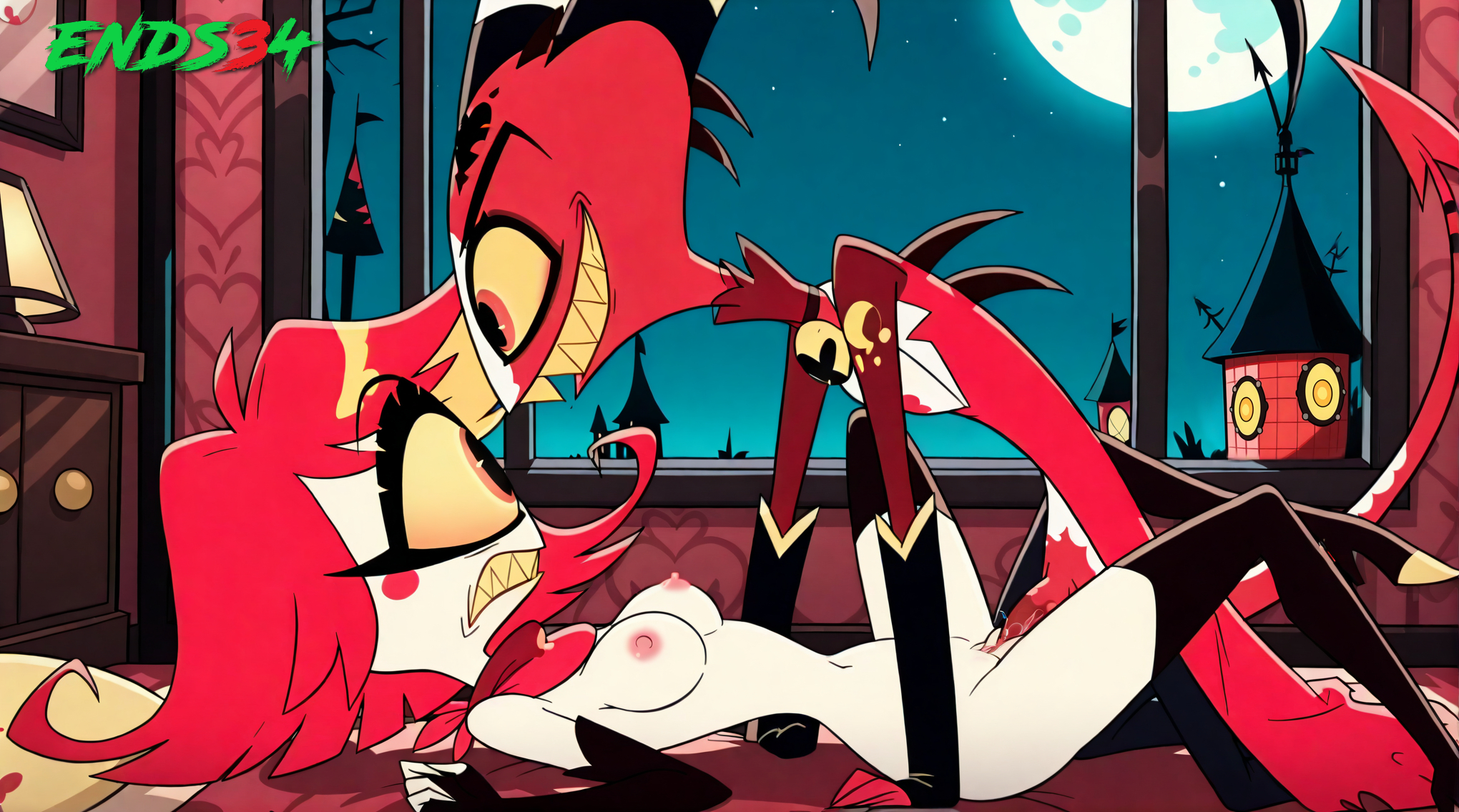 ai generated, blitzo (helluva boss), breasts, ends34, female, hazbin hotel, helluva boss, medium breasts, niffty, pussy, red hair, sex, vaginal penetration