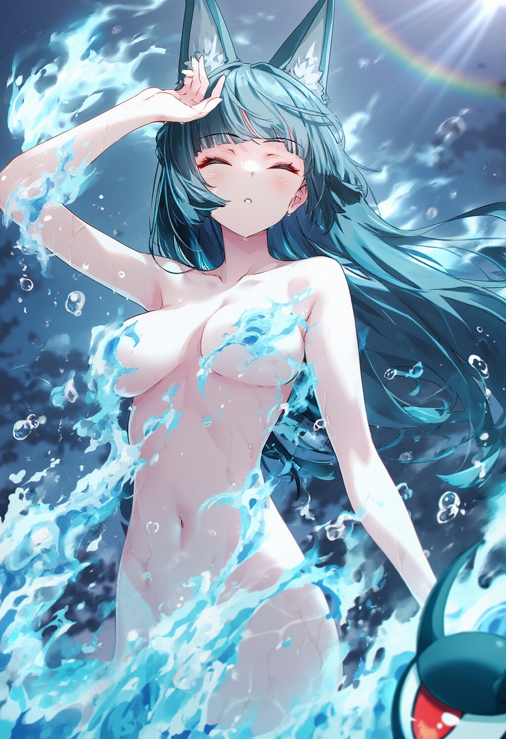 ai generated, big breasts, black hair, breasts, closed eyes, female, female only, hoshimi miyabi, naked female, one arm up, raaicave, rainbow background, shoulders, sunlight rays, wolf ears, zenless zone zero