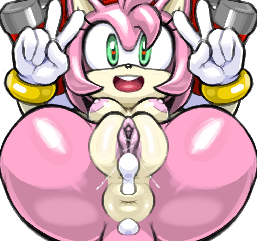 accessory amy_rose anthro anus areola bodily_fluids boots bracelet breasts clitoris clothing countershading cum cum_in_pussy cum_inside double_v_sign eulipotyphlan female flexible footwear genital_fluids genitals gesture gloves hand_gesture handwear headband heart_eyes heart_symbol hedgehog jewelry leaking_cum legs_behind_head legs_up lying mammal mostly_nude nipples on_back open_mouth open_smile pink_body plump_labia puffy_anus pussy rockthebull sega shoes simple_background smile solo sonic_(series) sonic_the_hedgehog_(series) symmetry tan_body tan_countershading tan_inner_ear v_sign vaginal_fluids white_background