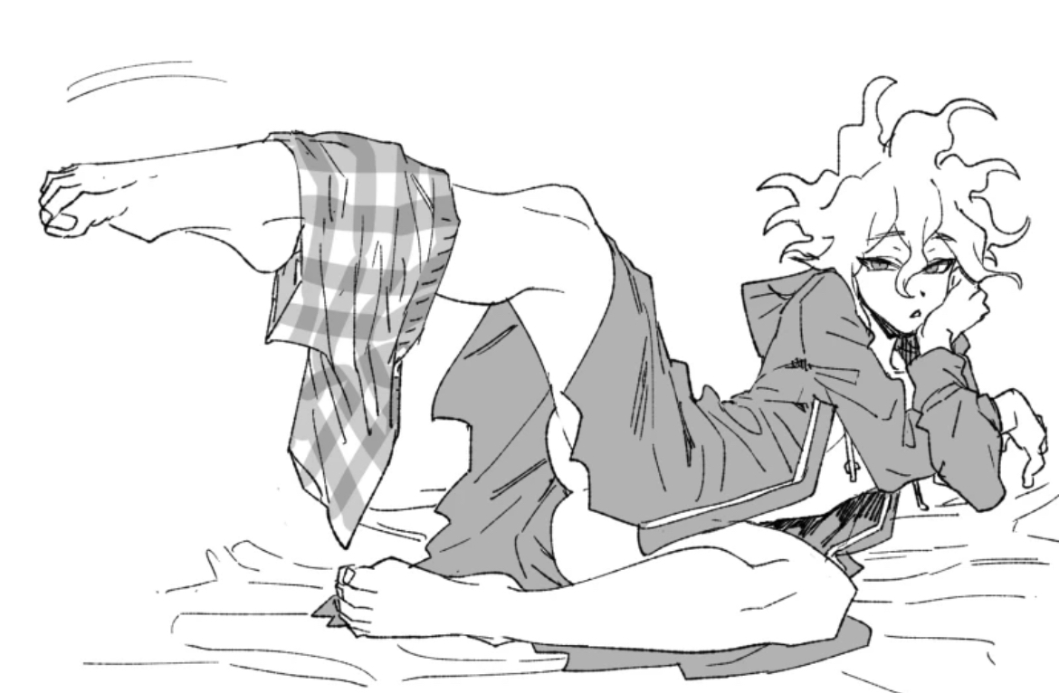 ass, bored, boxers, danganronpa, danganronpa 2: goodbye despair, leg up, legs apart, legs spread, male, male focus, male only, nagito komaeda, solo, solo focus, solo male, spread legs, underwear around one leg, uurin