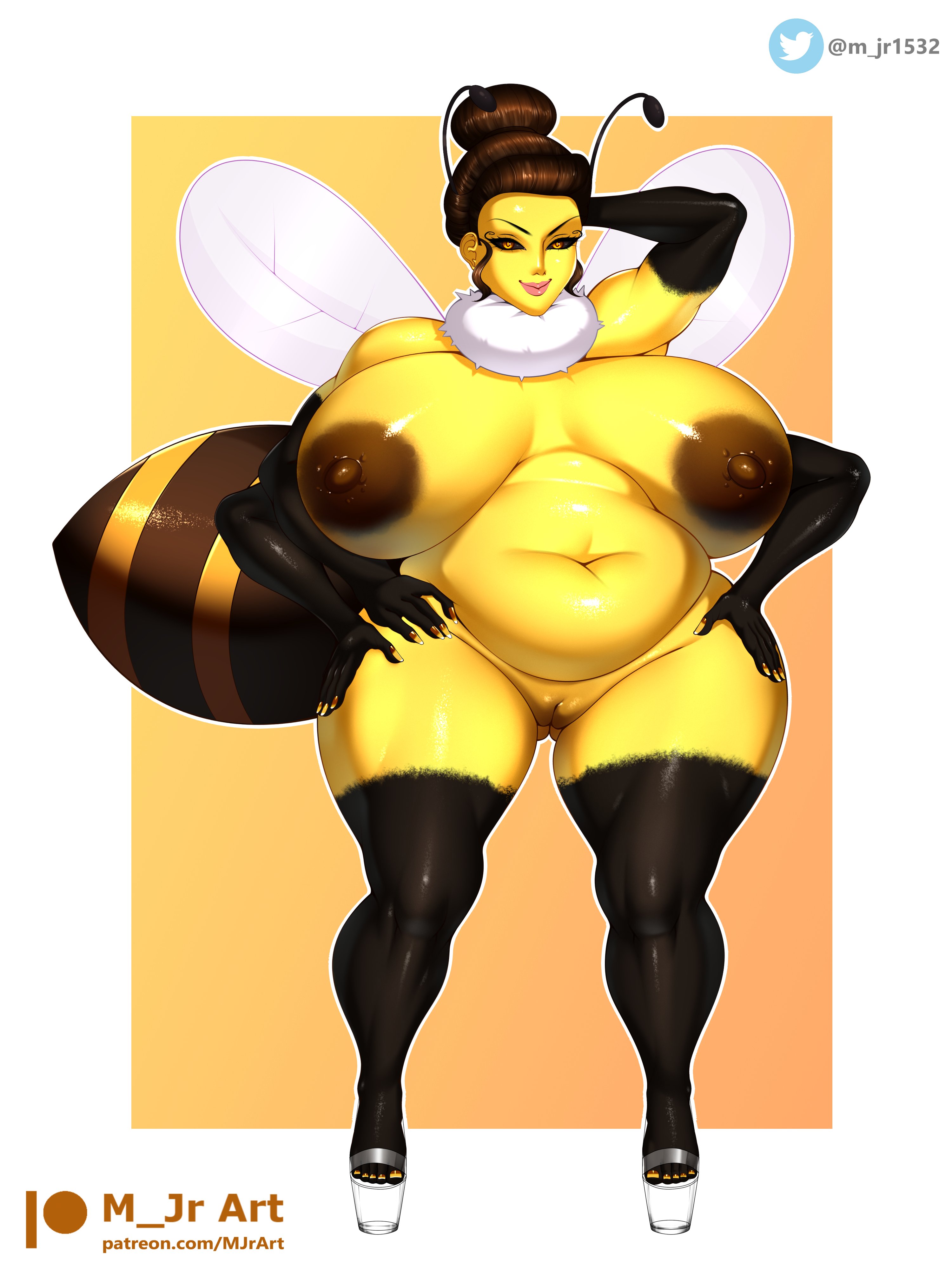 abdomen, abstract background, antennae, antennae (anatomy), bee, bee girl, brown nipples, chubby, chubby female, dark sclera, fat, female, four arms, fur collar, high heels, insect abdomen, insect wings, jpg, m jr art, naked footwear, non-human, nude, platform heels, tagme, twitter link, yellow nails, yellow skin