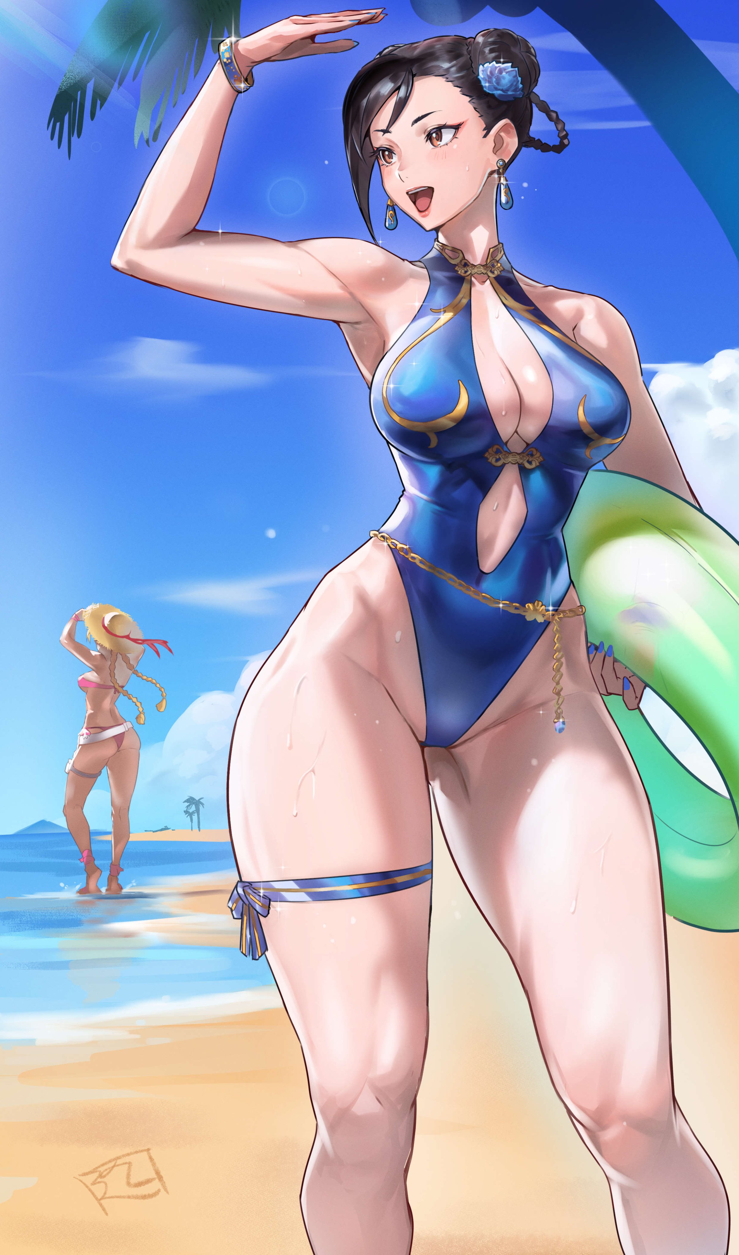 beach, big breasts, black hair, breasts, brown hair, busty, cammy white, capcom, chun-li, cleavage, cleavage cutout, curvy, earrings, female, hair buns, innertube, juaagacgy, light skin, light-skinned female, one-piece swimsuit, street fighter, swimsuit, thigh strap