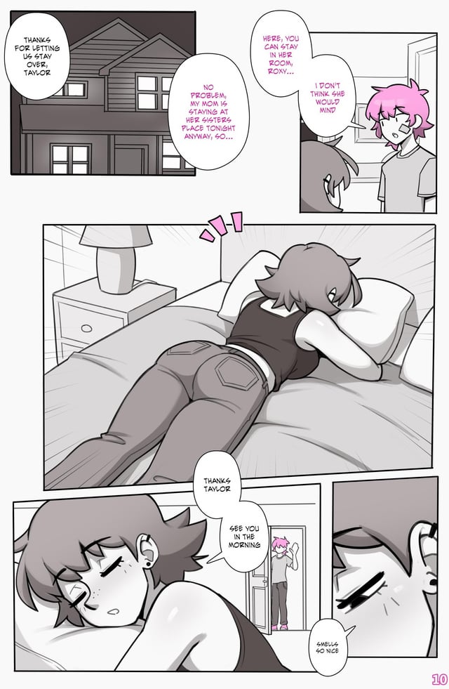 1boy 1girls black_and_white comic comic_page conversation dross female greyscale male panels pink_hair roxanne_(dross) talking taylor_(dross)