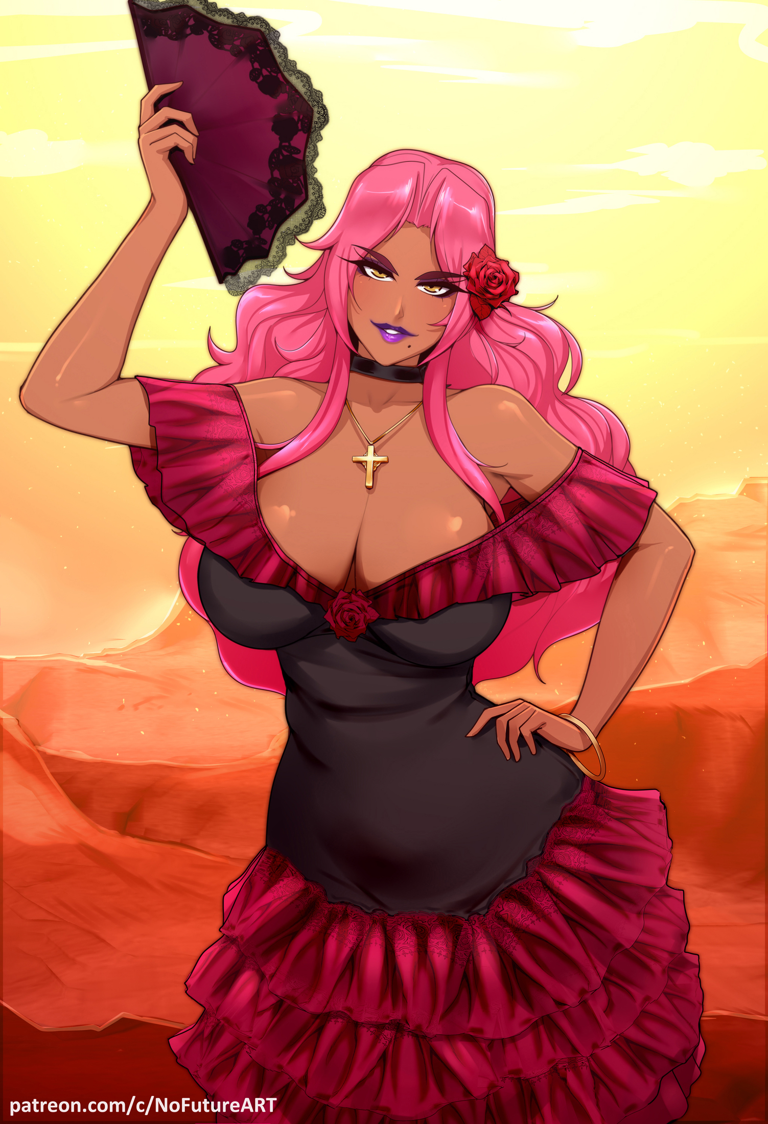 1girls, cleavage, dark skin, dark-skinned female, dress, eyelashes, female, female only, flower in hair, hand fan, hand on hip, hi res, ingrid (taimanin asagi), long hair, looking at viewer, makai kishi ingrid, mole, mole under mouth, narrowed eyes, nofuture, pink hair, purple lips, purple lipstick, smiling, smiling at viewer, solo, taimanin (series), taimanin murasaki, yellow eyes