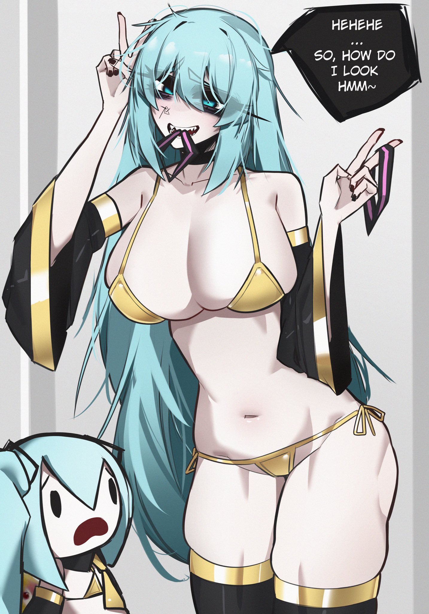 1girl, 1girls, alternate hairstyle, aqua eyes, aqua hair, bags under eyes, bangs, bare shoulders, big breasts, bikini, black choker, black nails, black sleeves, black thighhighs, blue eyes, blue hair, breasts, choker, cleavage, collarbone, cowboy shot, detached sleeves, dialogue, double v, english text, female, glitchace, gold bikini, golden bikini, golden week, golden week bikini, hair between eyes, hair down, hair over eyes, hairband, hands up, hatsune miku, holding, in mouth, large breasts, long hair, looking at viewer, mouth hold, nail polish, navel, open mouth, sharp teeth, side-tie bikini bottom, skindentation, solo, solo female, speech bubble, stockings, stomach, string bikini, swimsuit, talking to viewer, teeth, thick thighs, thighhighs, thighs, v, very long hair, wide sleeves, yellow bikini