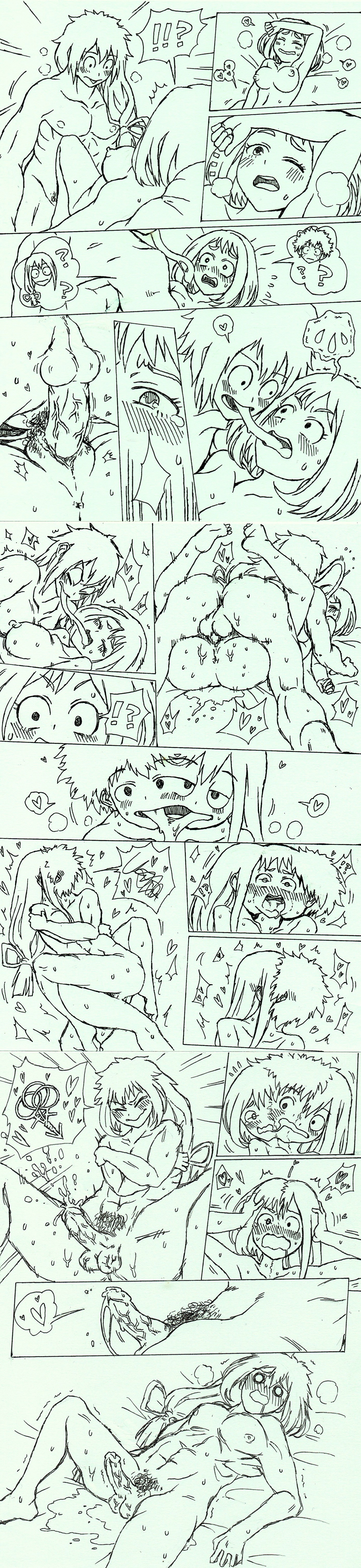 1boy, 2girls, anus, ass, asui tsuyu, breasts, breasts out, cheek to cheek, comic, comic page, comic panel, confused, confusion, ejaculation, female, fused, fusion, futanari, intersex, izuku midoriya, looking at partner, male, male/female, manga, manga page, mating press, merge, merged, merging, my hero academia, ochako uraraka, penis, pubic hair, pussy, sex, skin tone difference, smile, smiling, smiling at partner, stuck together, tongue, tongue wrap, transformation, transformation sequence, tsuyu asui, uraraka ochako, vagina, vaginal sex, what, xjdolc